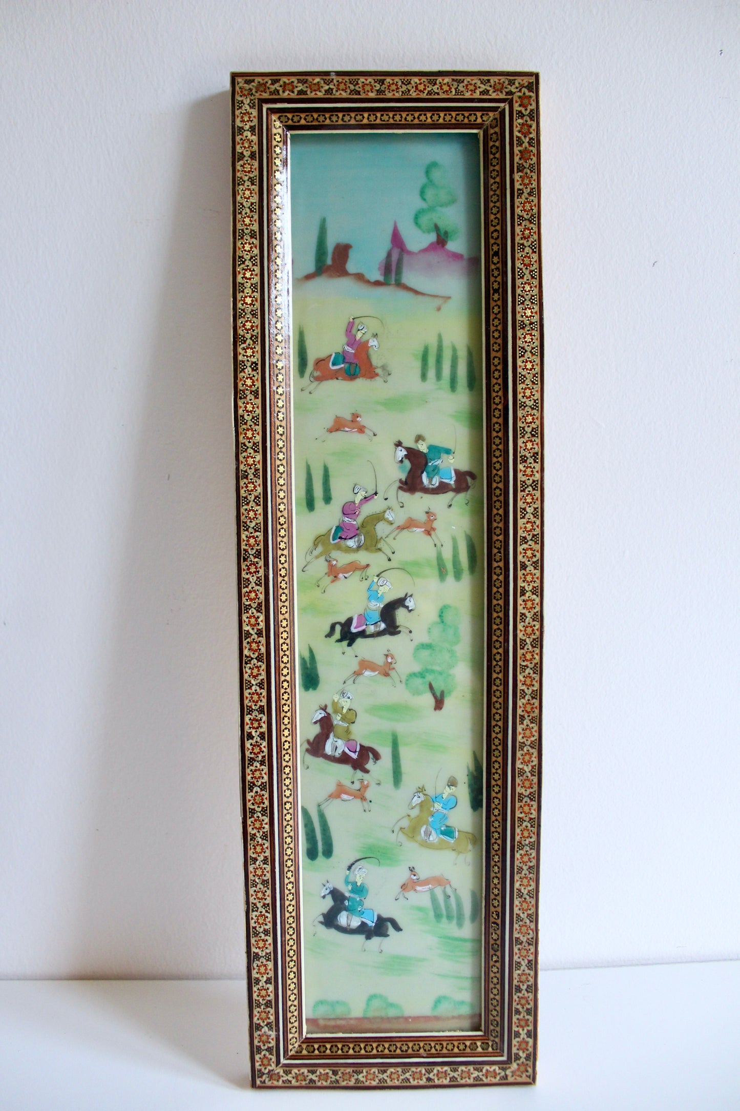 Pair of Vintage Persian Khatam Marquetry Hunting Scene Paintings