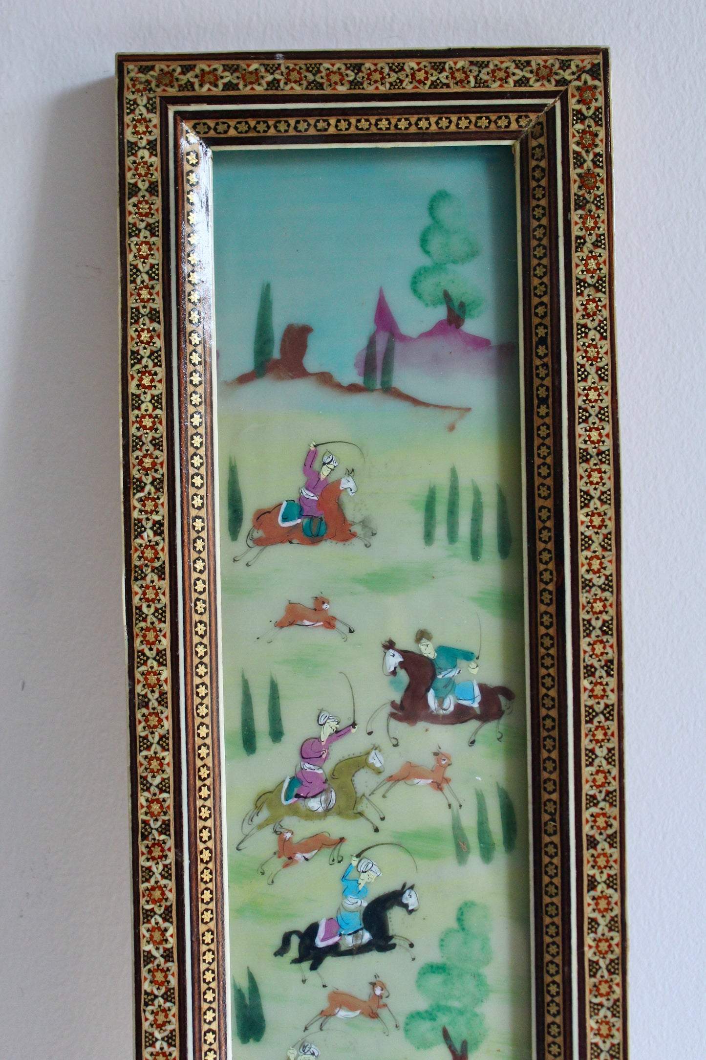Pair of Vintage Persian Khatam Marquetry Hunting Scene Paintings