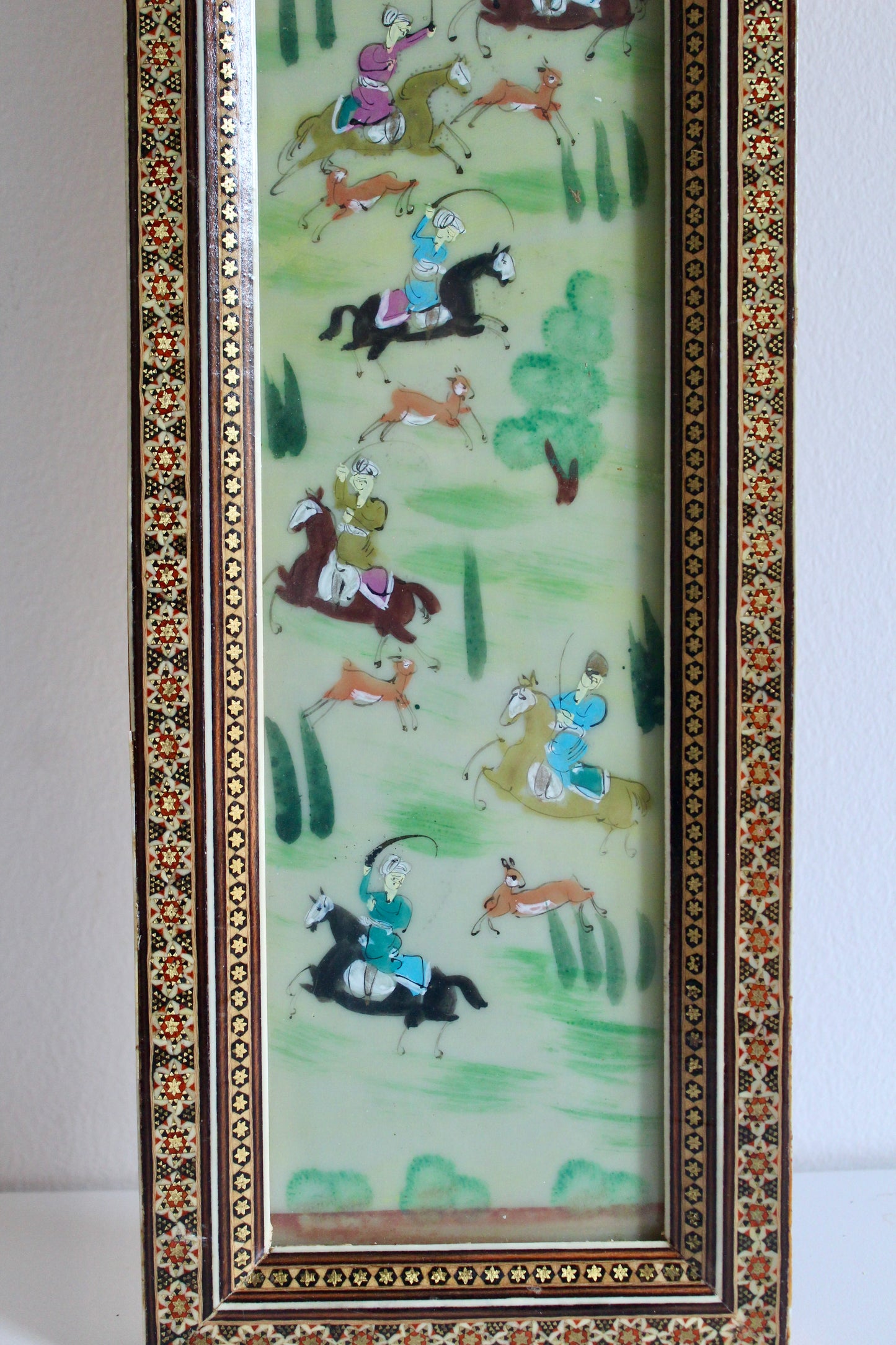 Pair of Vintage Persian Khatam Marquetry Hunting Scene Paintings