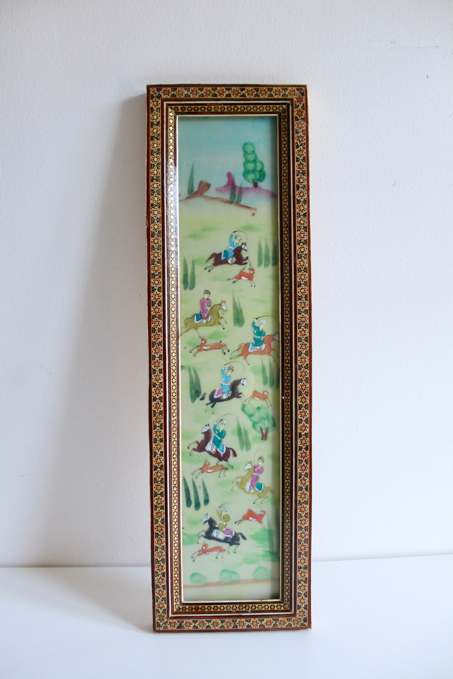 Pair of Vintage Persian Khatam Marquetry Hunting Scene Paintings