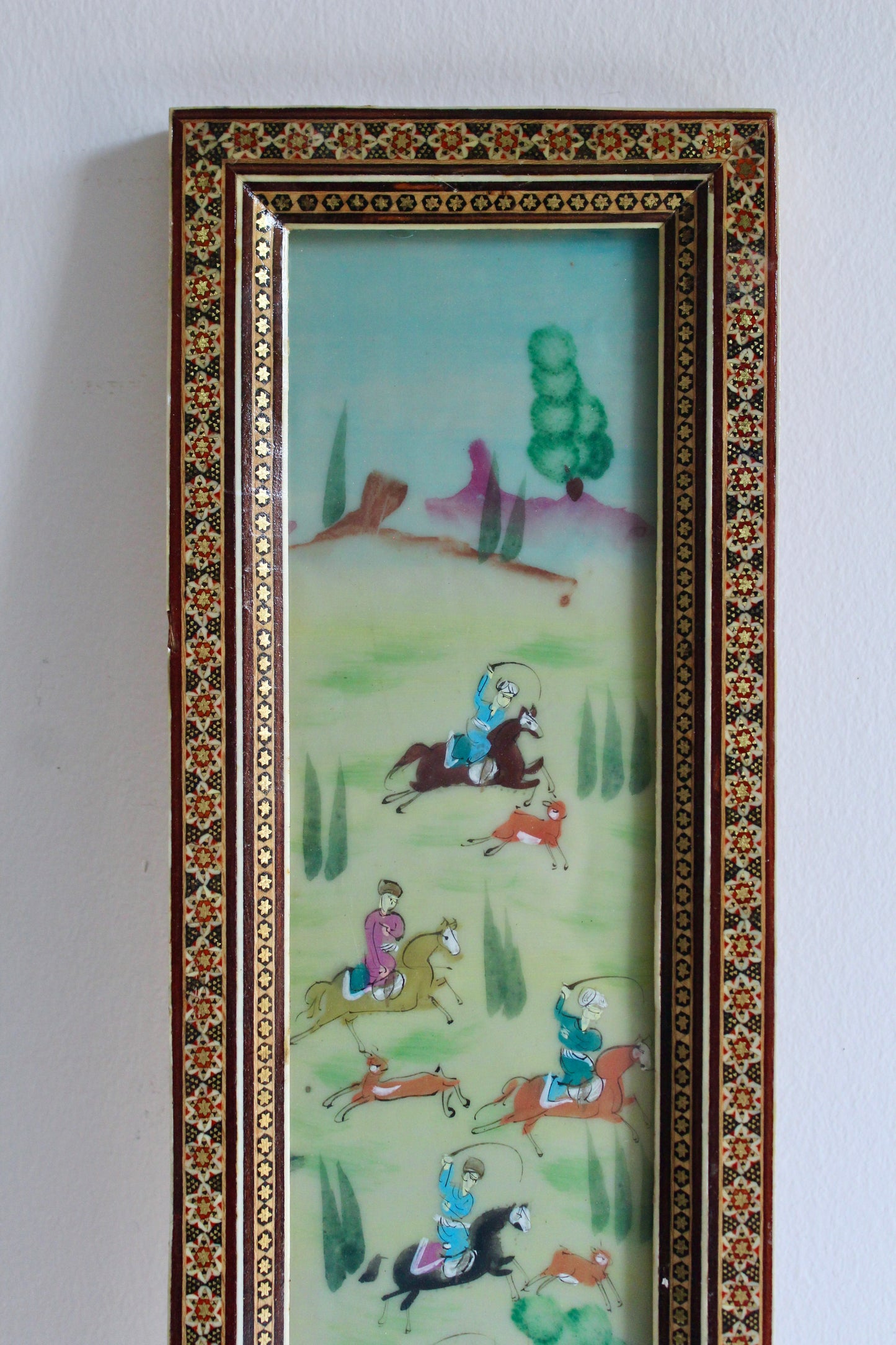 Pair of Vintage Persian Khatam Marquetry Hunting Scene Paintings