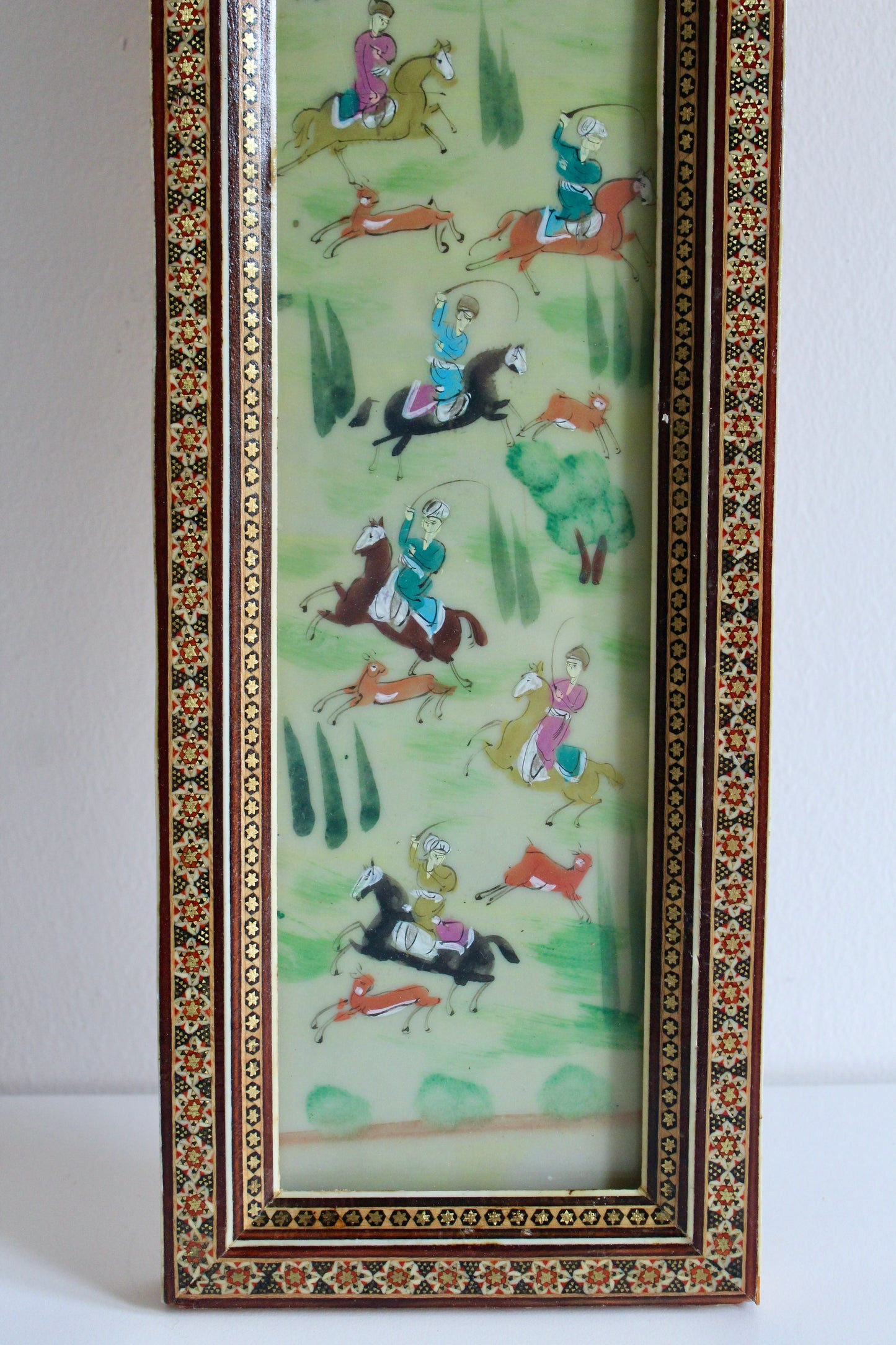 Pair of Vintage Persian Khatam Marquetry Hunting Scene Paintings