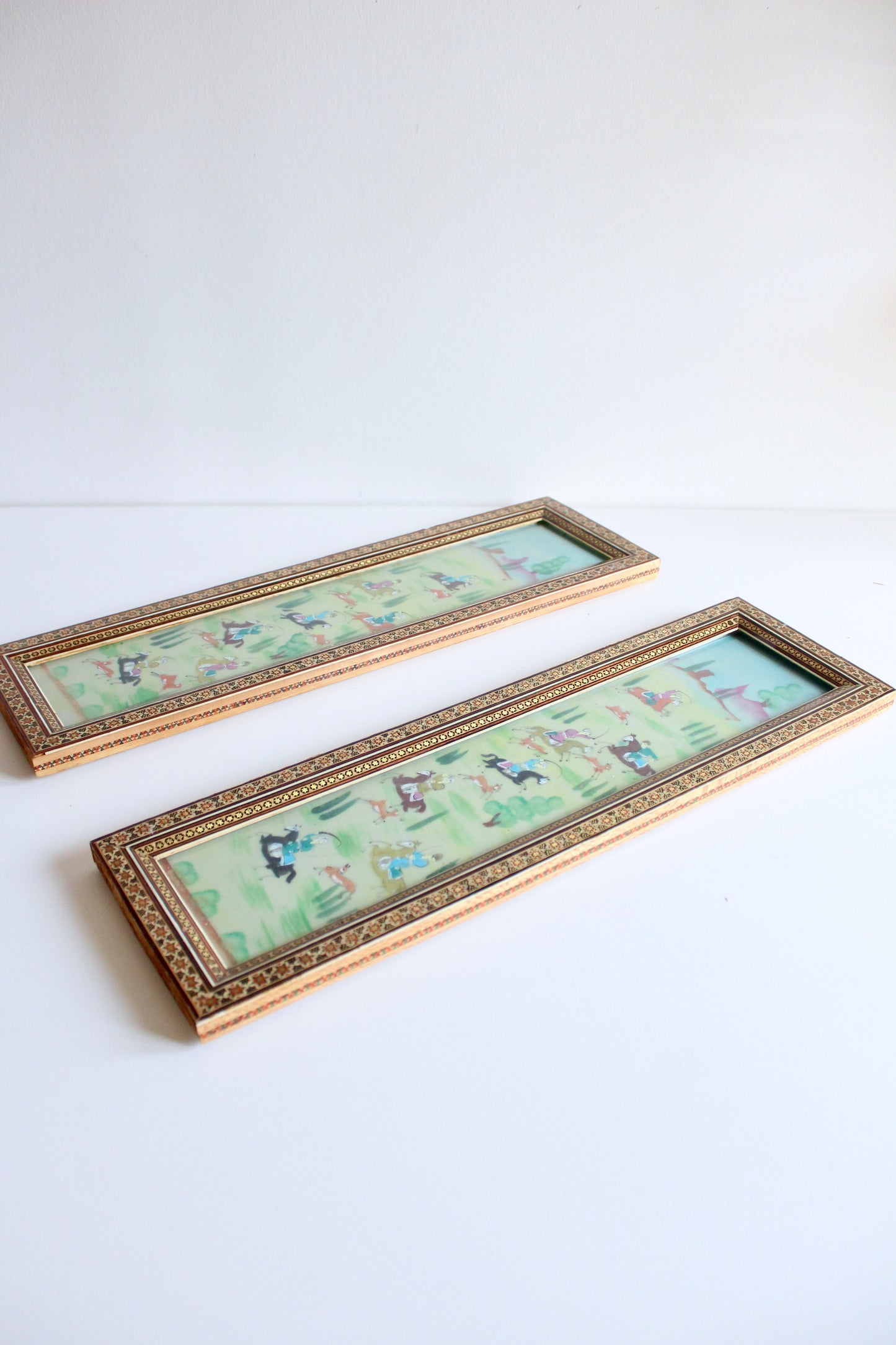 Pair of Vintage Persian Khatam Marquetry Hunting Scene Paintings