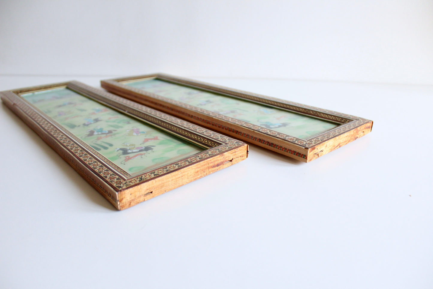 Pair of Vintage Persian Khatam Marquetry Hunting Scene Paintings