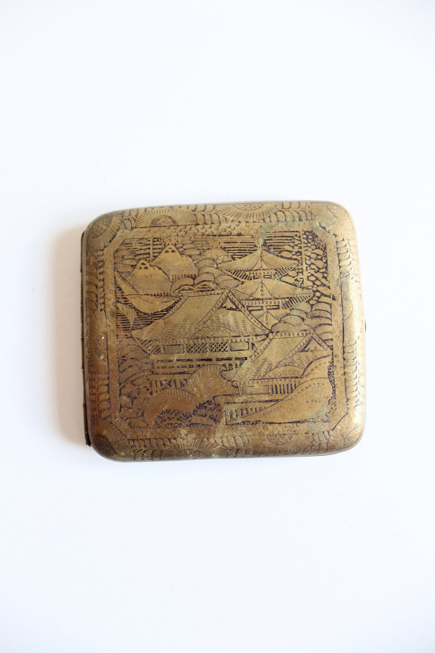 Vintage Etched Brass Cigarette Case with Pagoda Scene