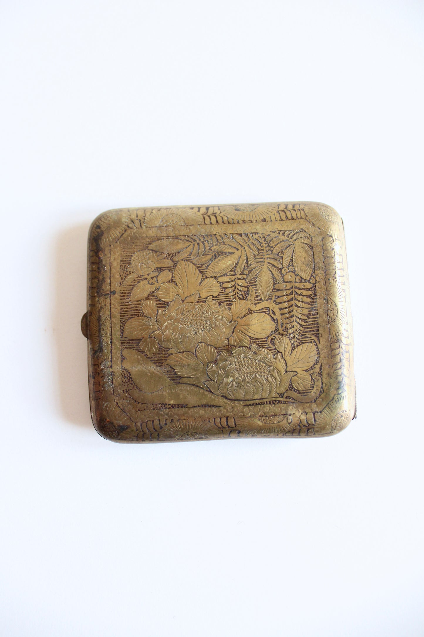 Vintage Etched Brass Cigarette Case with Pagoda Scene