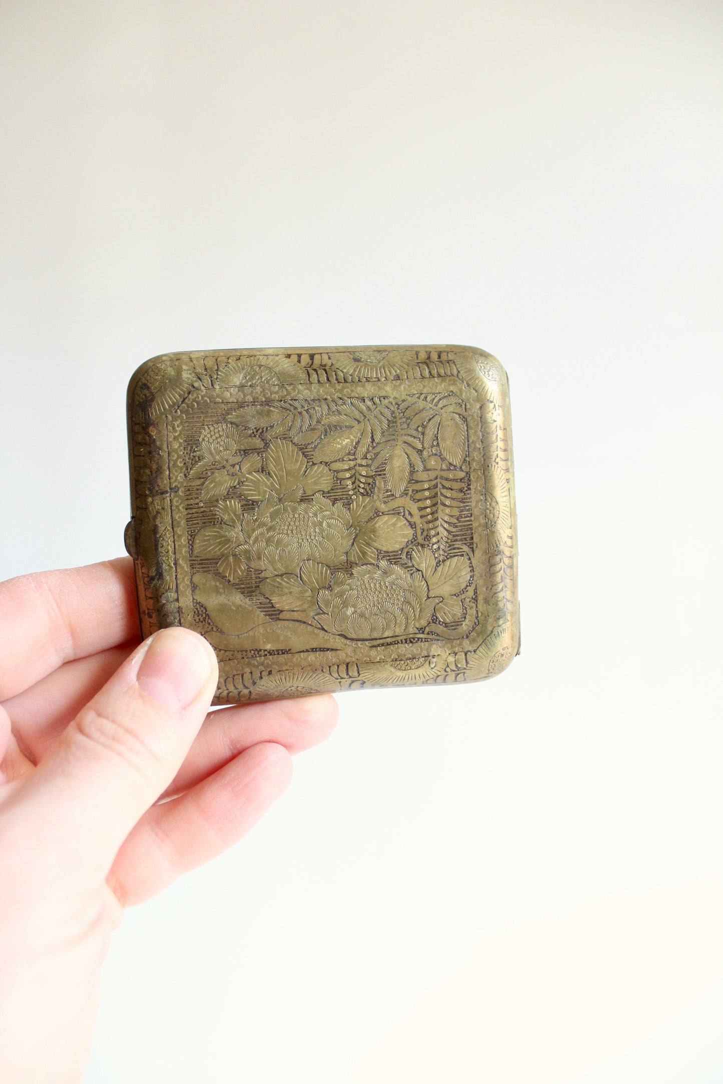 Vintage Etched Brass Cigarette Case with Pagoda Scene