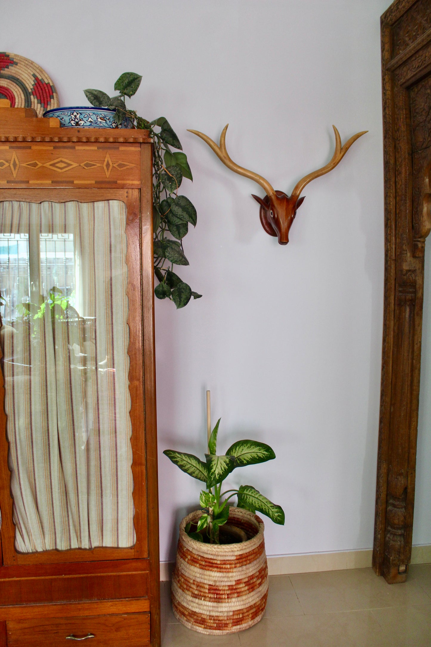 Vintage Indian Hand-Carved Wooden Deer Head Wall Mount