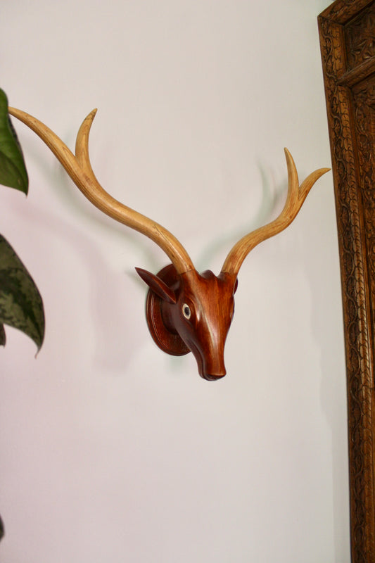 Vintage Indian Hand-Carved Wooden Deer Head Wall Mount