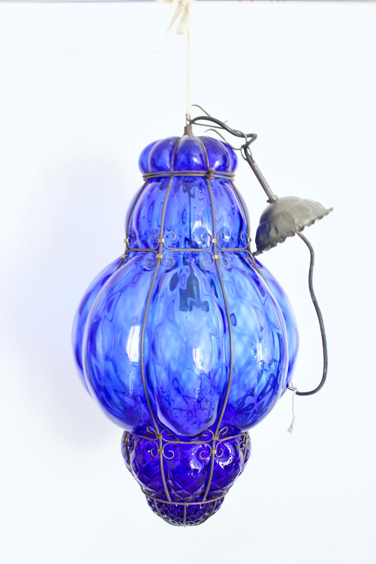Large Vintage Venetian-Style Blue Blown Art Glass Hanging Lantern