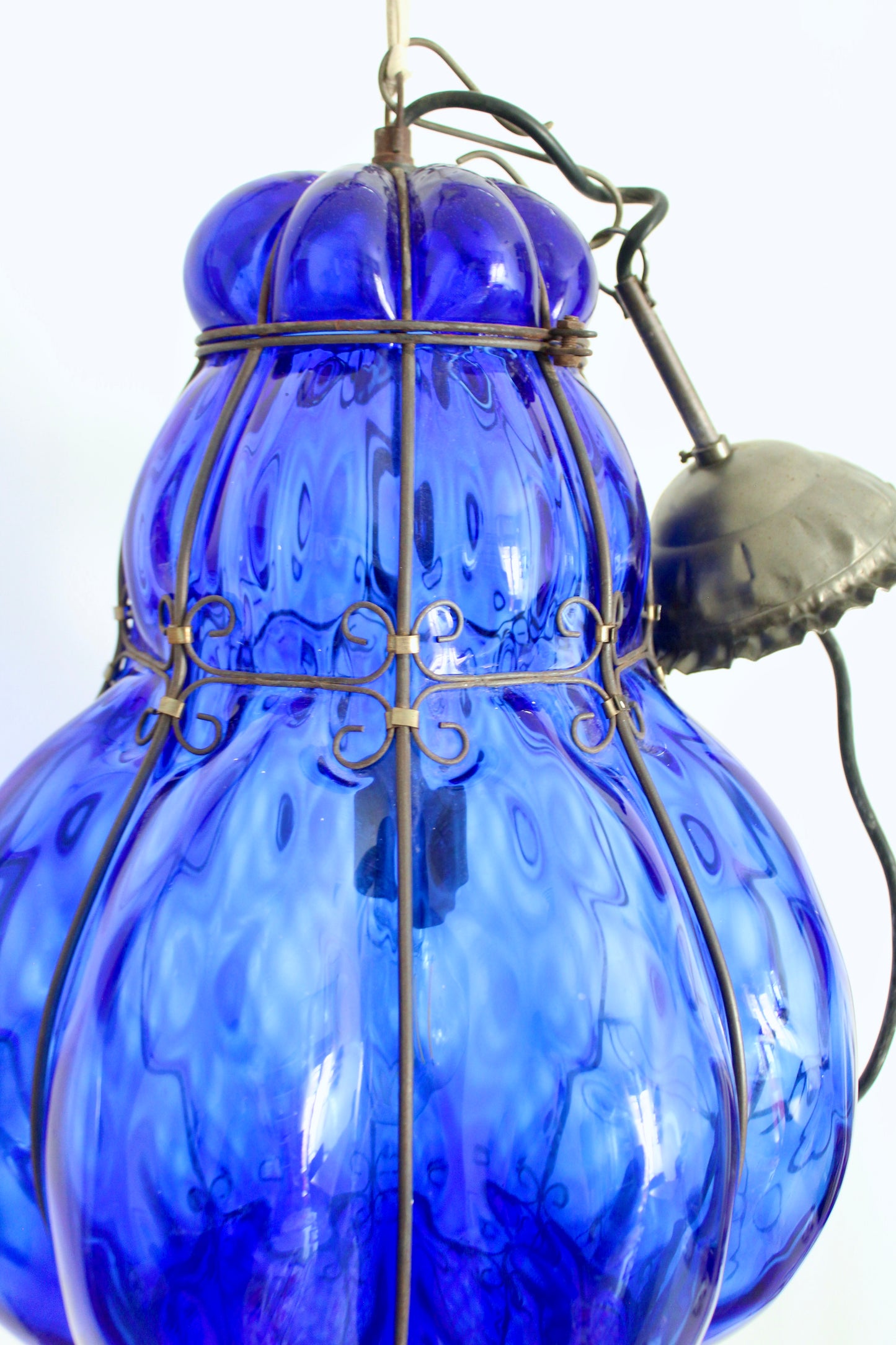 Large Vintage Venetian-Style Blue Blown Art Glass Hanging Lantern