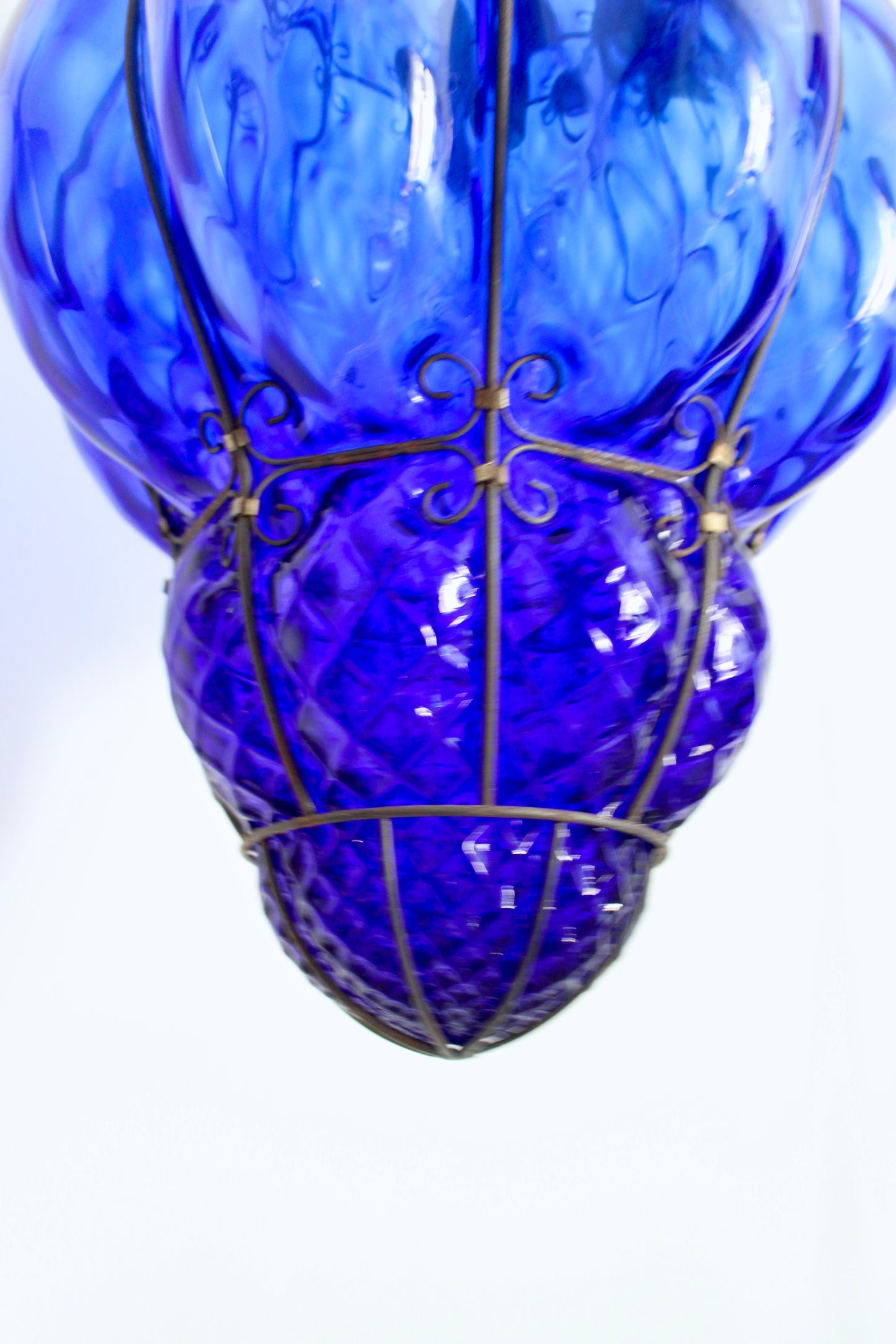 Large Vintage Venetian-Style Blue Blown Art Glass Hanging Lantern