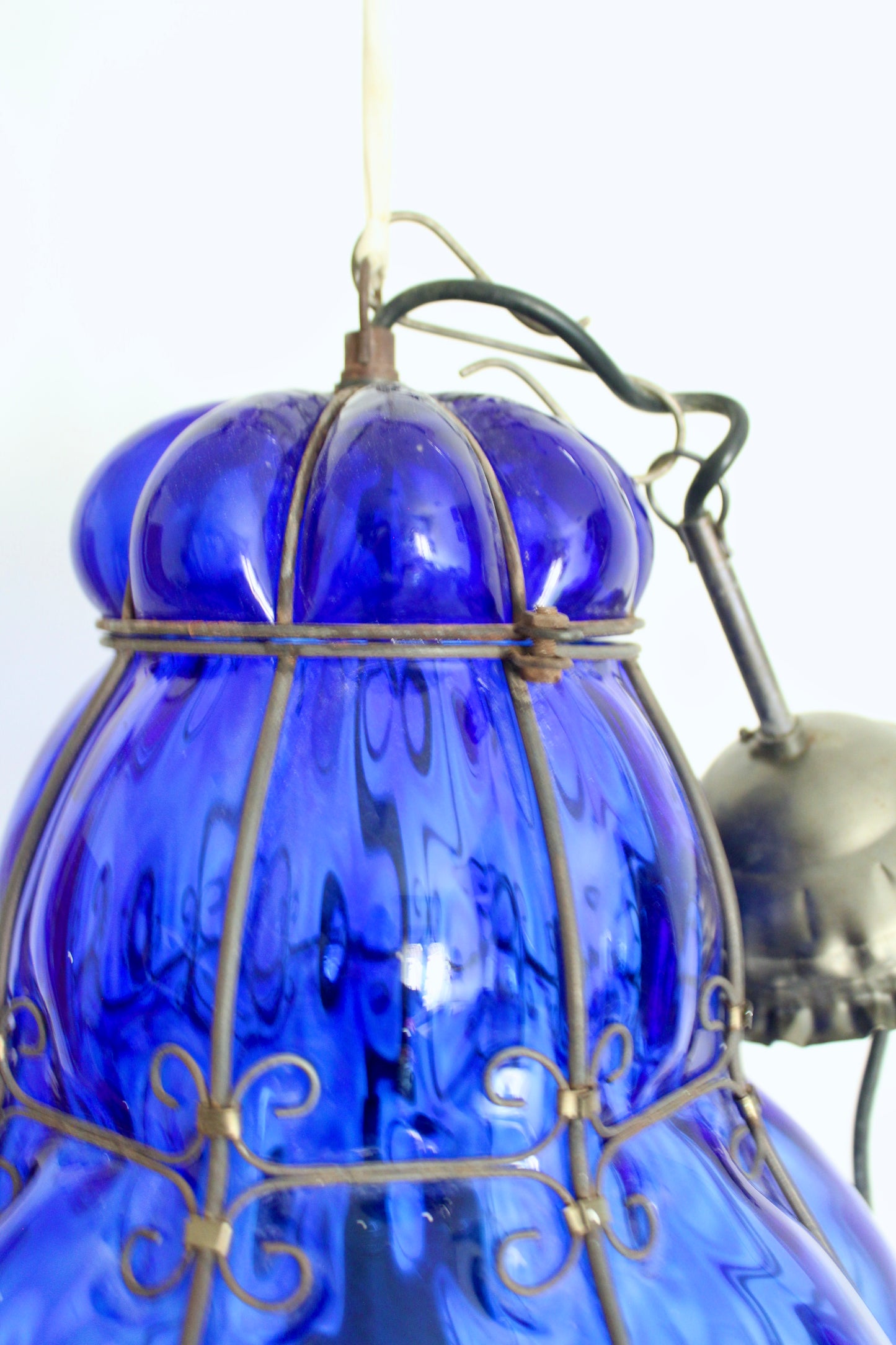 Large Vintage Venetian-Style Blue Blown Art Glass Hanging Lantern