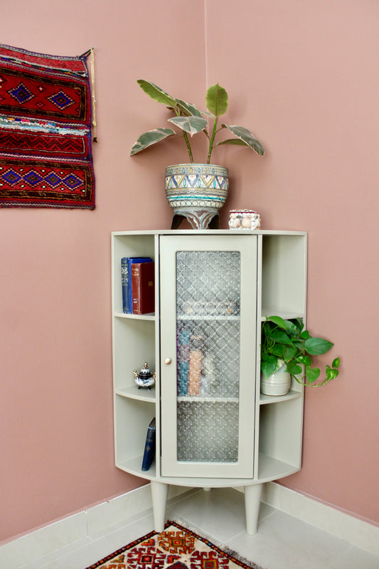Vintage Corner Display Cabinet with Reeded Glass Door