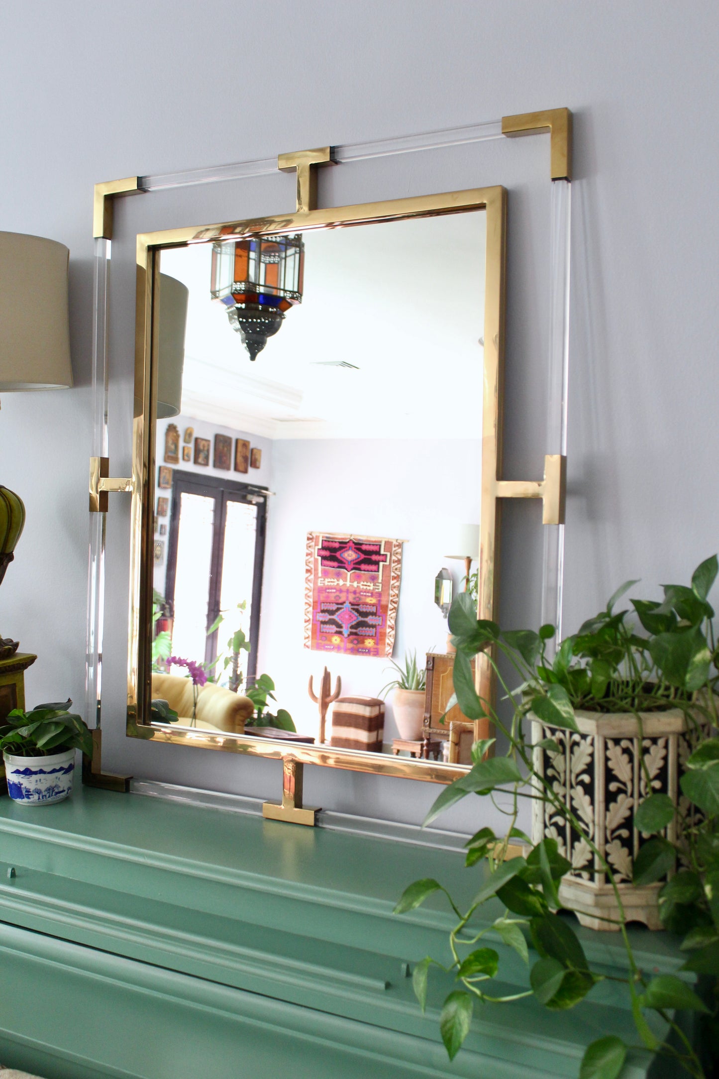 Vintage Brass & Lucite Statement Wall Mirror - 90 × 110 cm