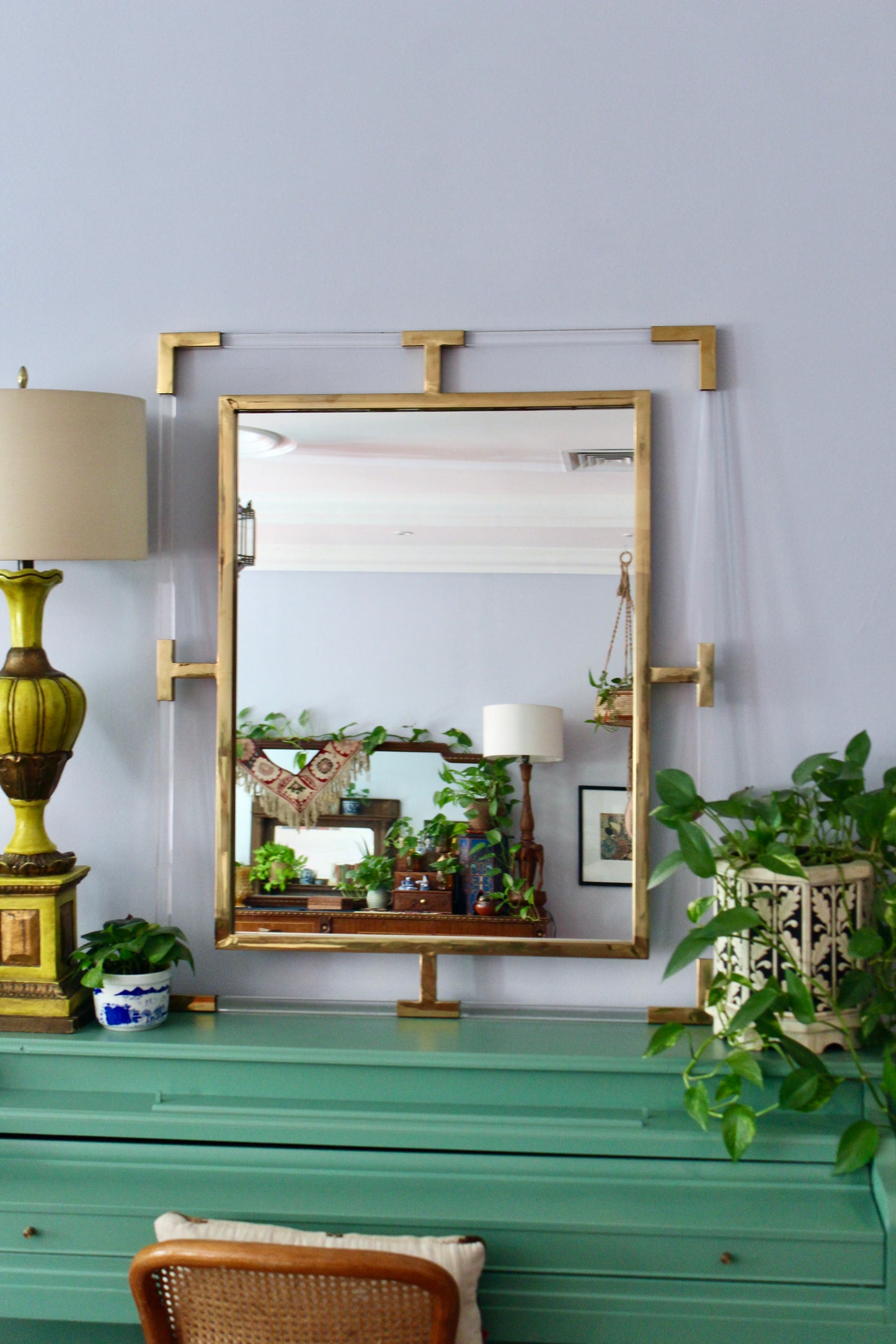Vintage Brass & Lucite Statement Wall Mirror - 90 × 110 cm