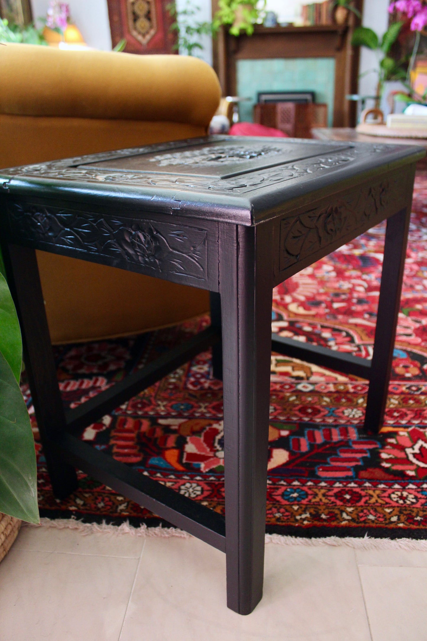 Vintage Chinese Hand-Carved Wooden Side Table