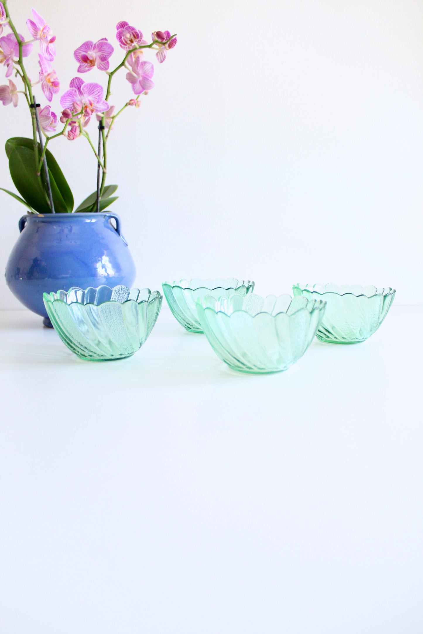 Set of Four 1970s-1980s Vintage Green Glass Dessert Bowls