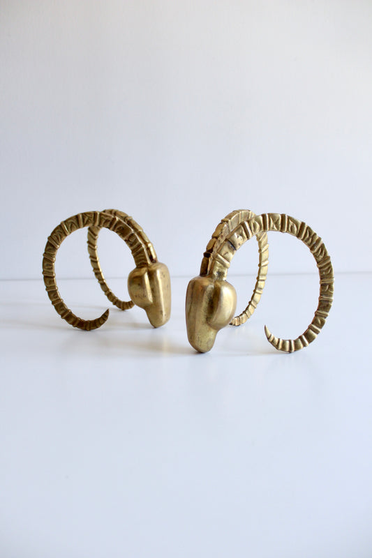 Vintage 1970s Brass Ram Head Bookends