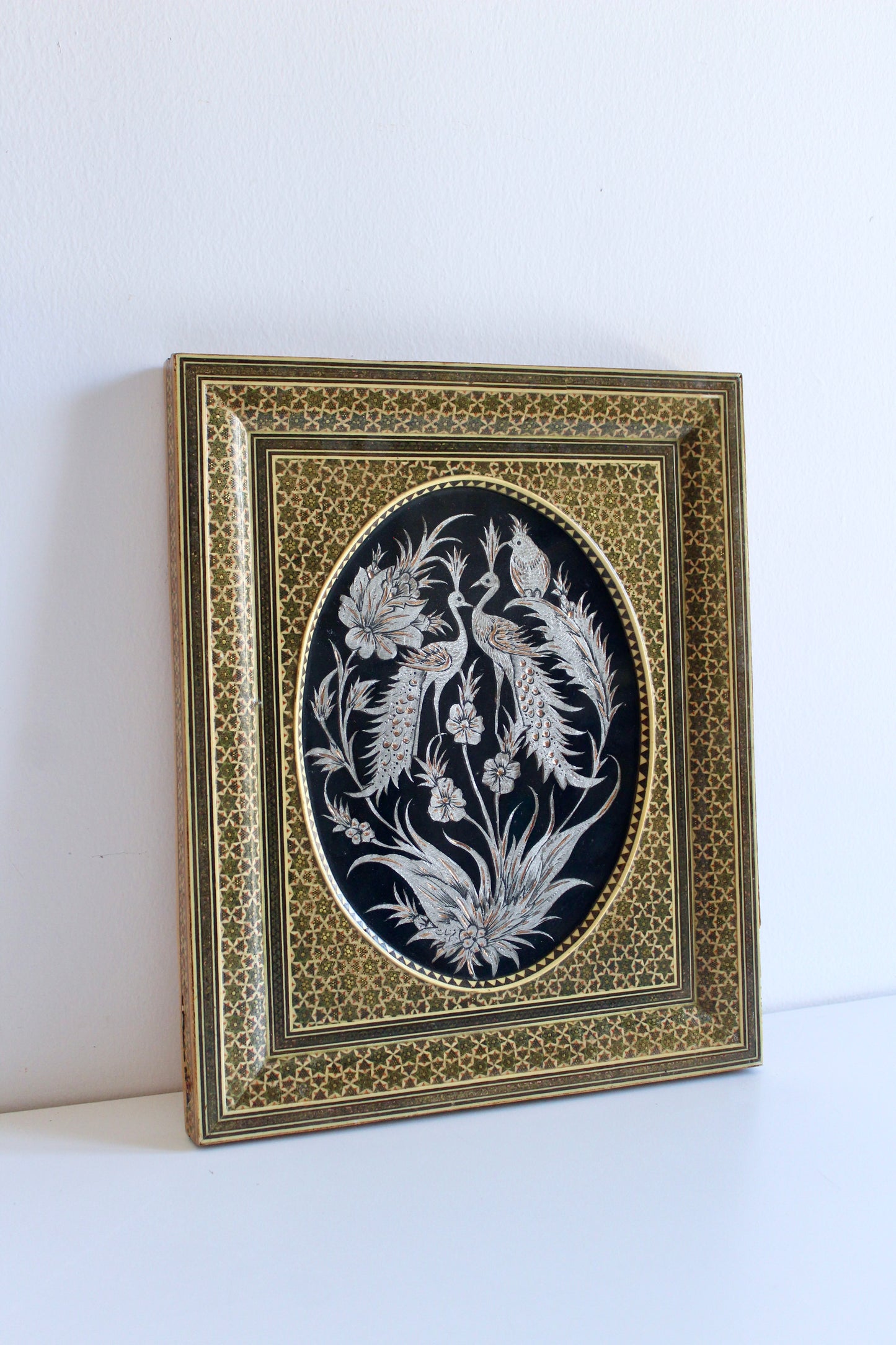 Vintage Persian Khatam-Kari Peacock Wall Plaque