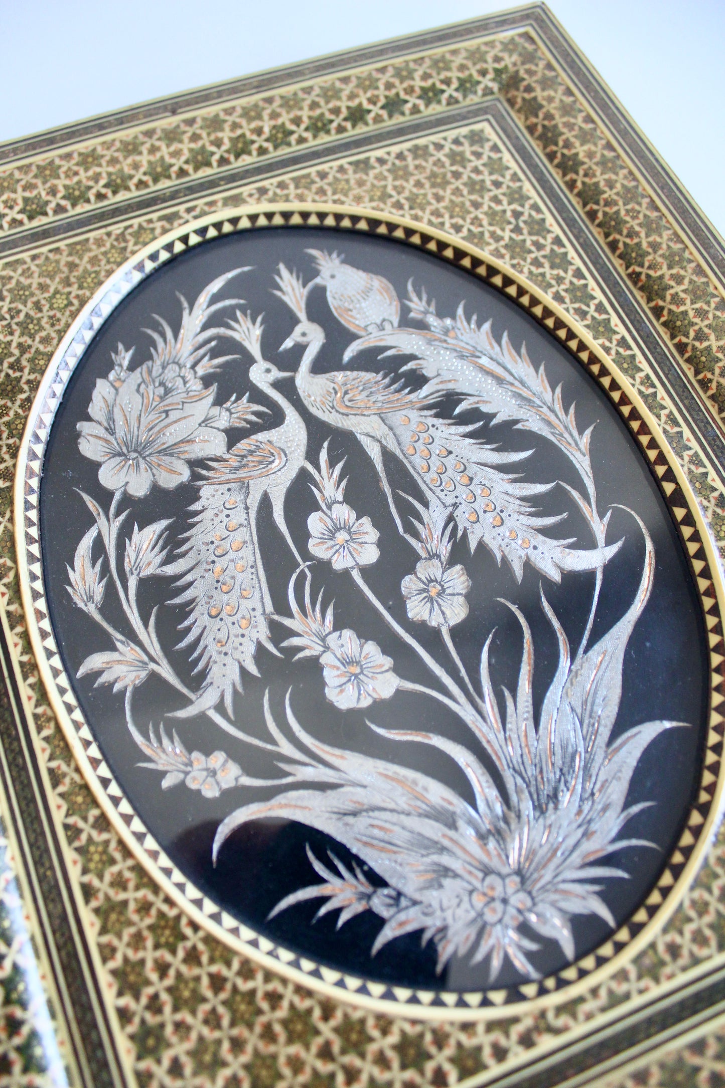 Vintage Persian Khatam-Kari Peacock Wall Plaque