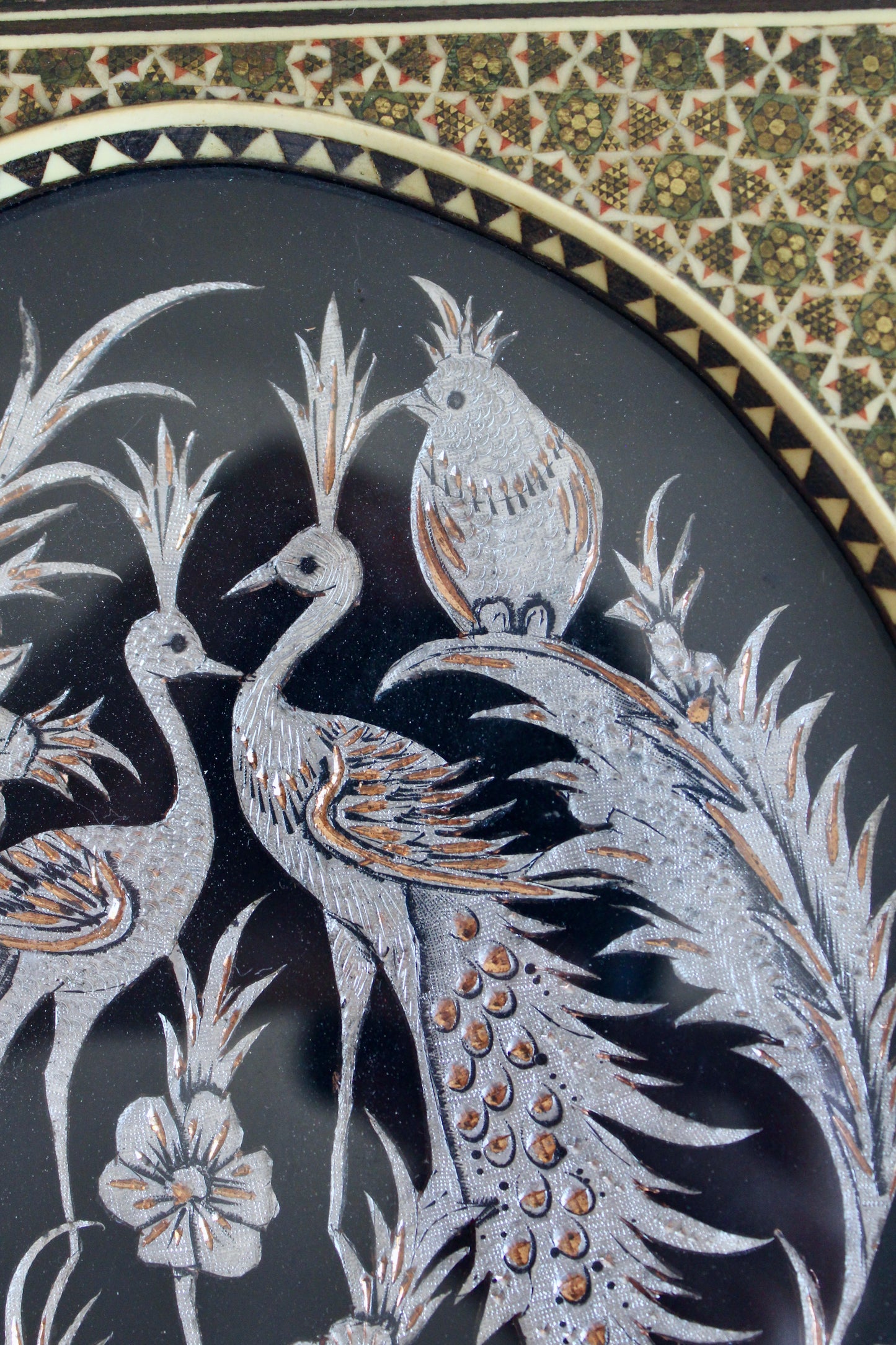 Vintage Persian Khatam-Kari Peacock Wall Plaque