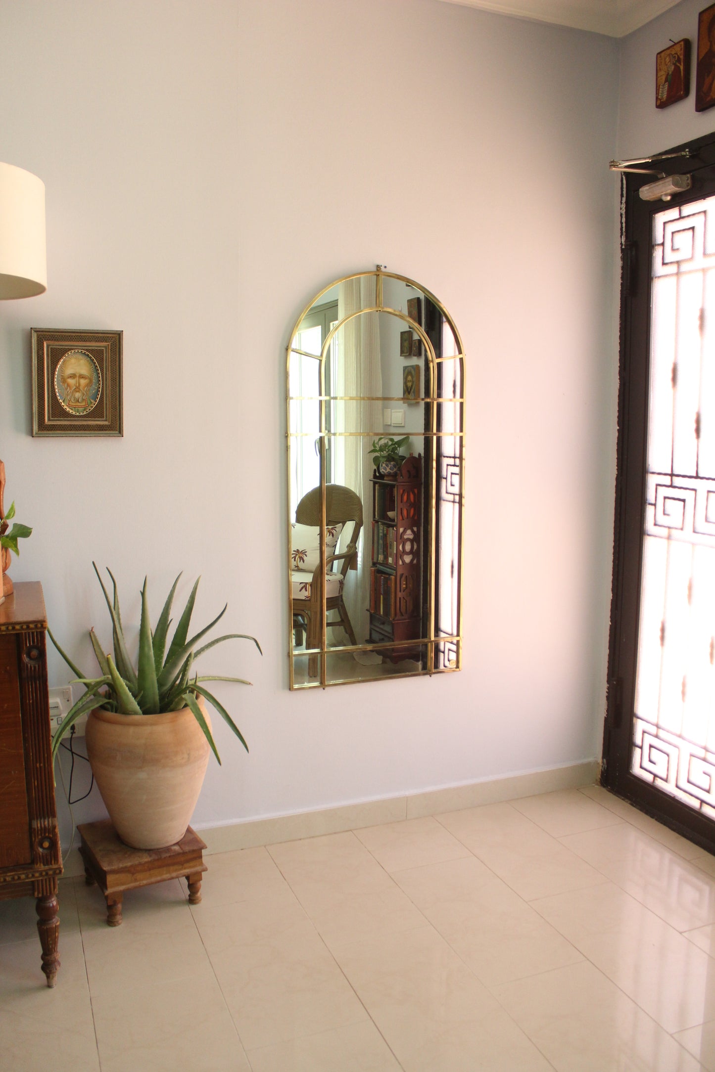Large Vintage 1970s Italian Brass Arched Mirror