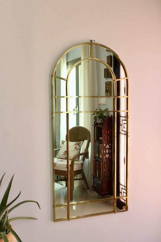 Large Vintage 1970s Italian Brass Arched Mirror