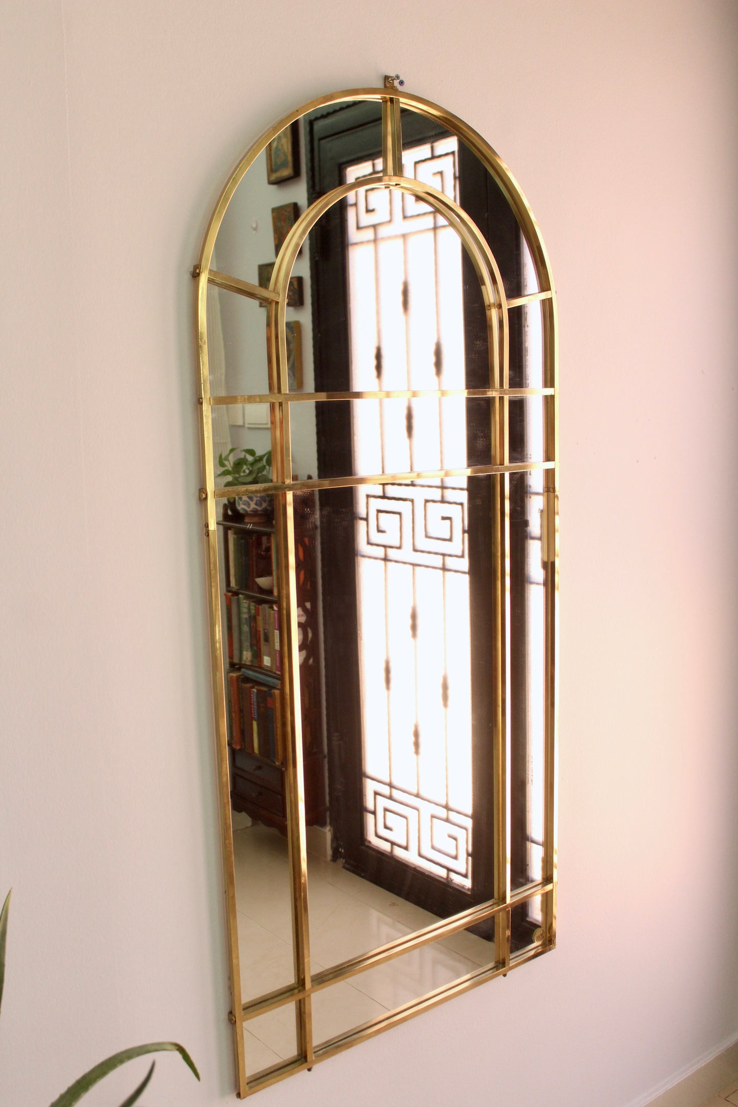 Large Vintage 1970s Italian Brass Arched Mirror