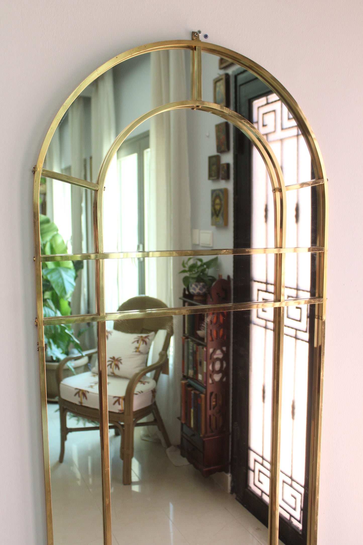 Large Vintage 1970s Italian Brass Arched Mirror