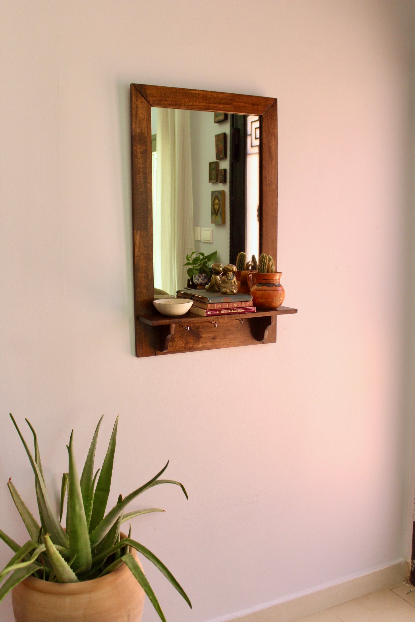 Restored 1990s Wooden Hall Mirror with Shelf and Hooks