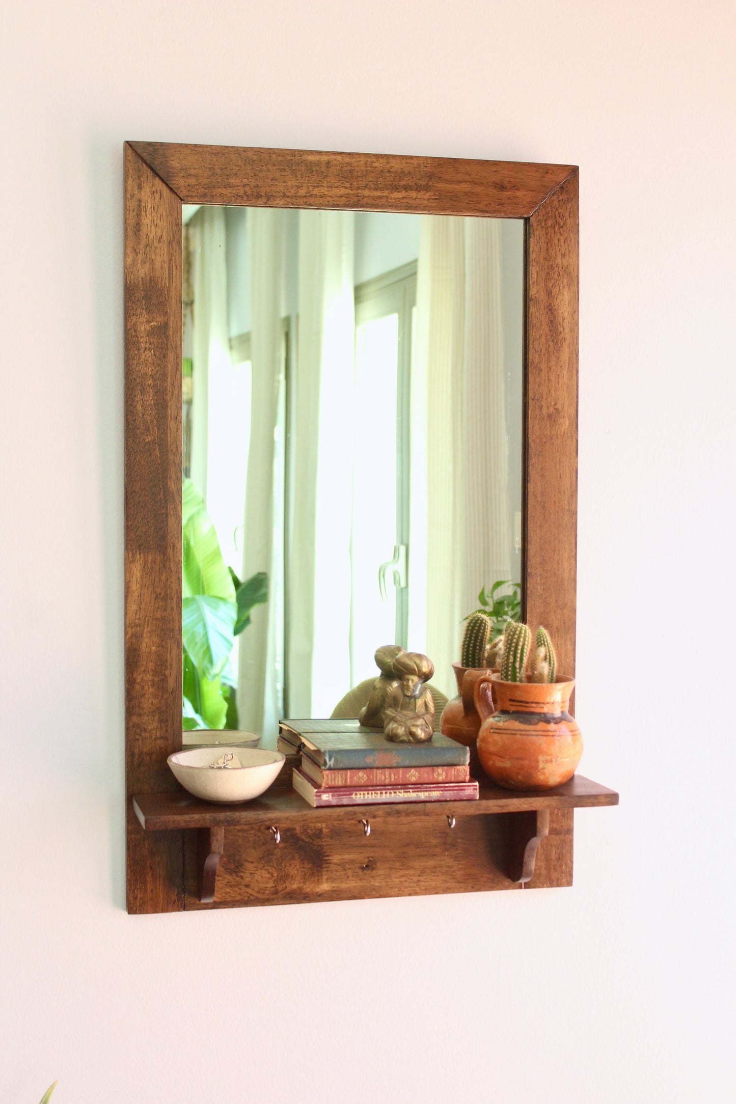 Restored 1990s Wooden Hall Mirror with Shelf and Hooks
