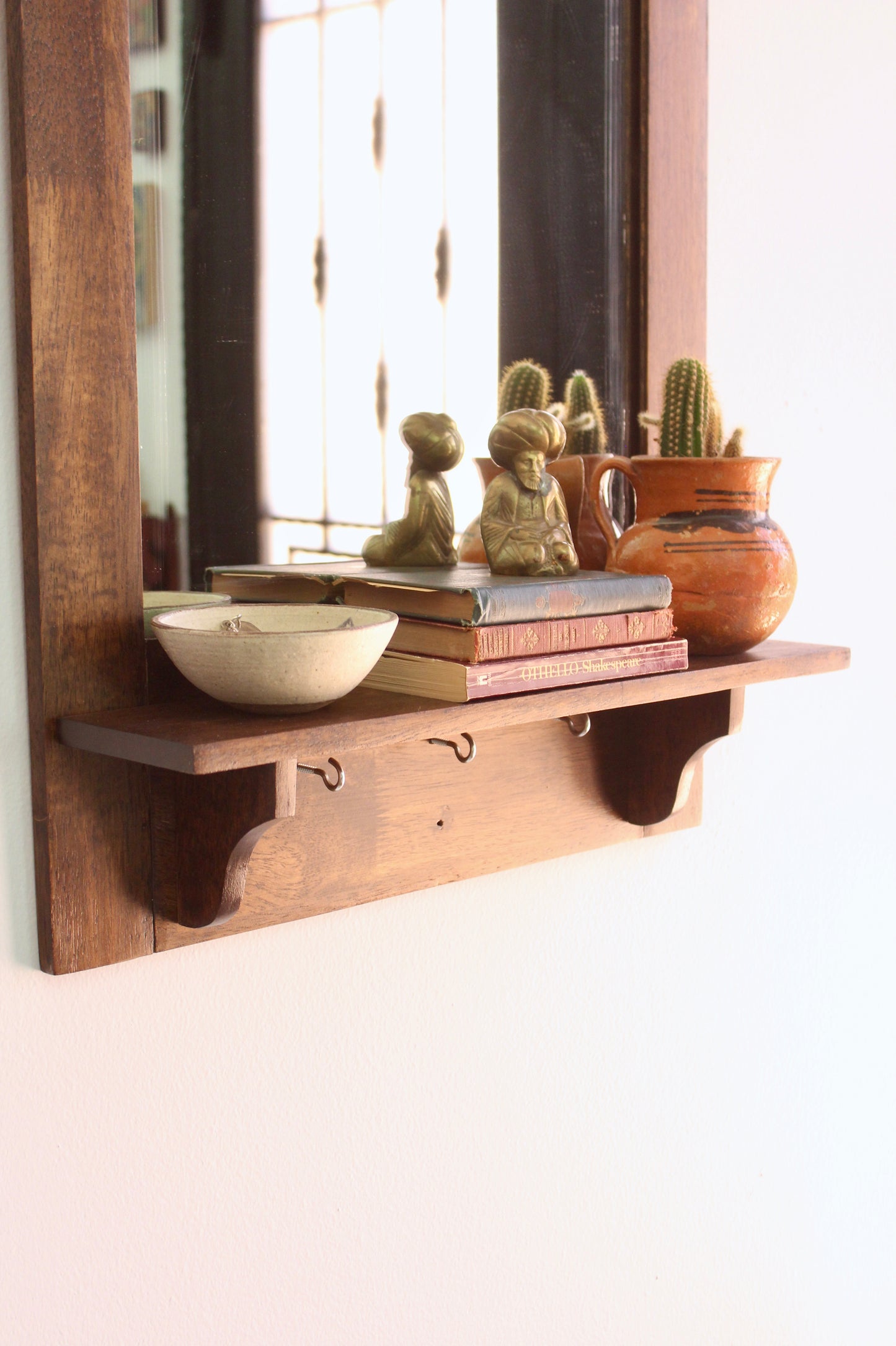 Restored 1990s Wooden Hall Mirror with Shelf and Hooks