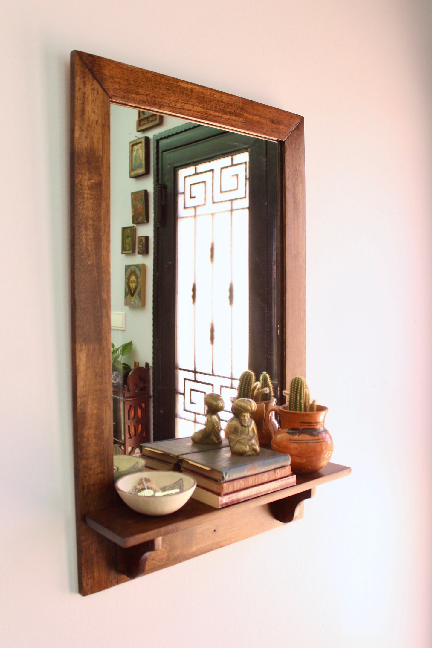 Restored 1990s Wooden Hall Mirror with Shelf and Hooks