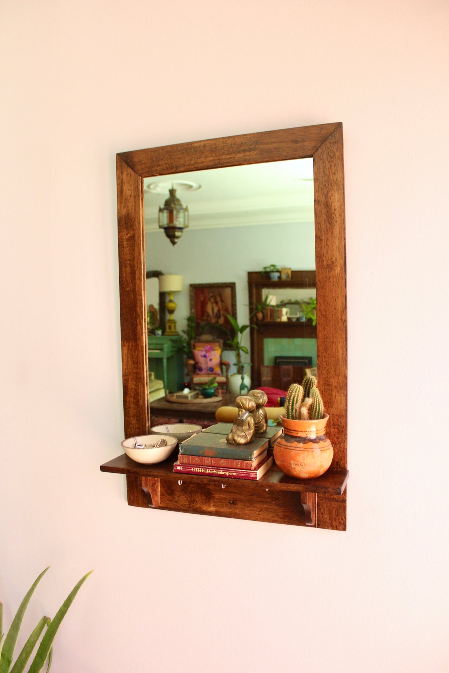 Restored 1990s Wooden Hall Mirror with Shelf and Hooks