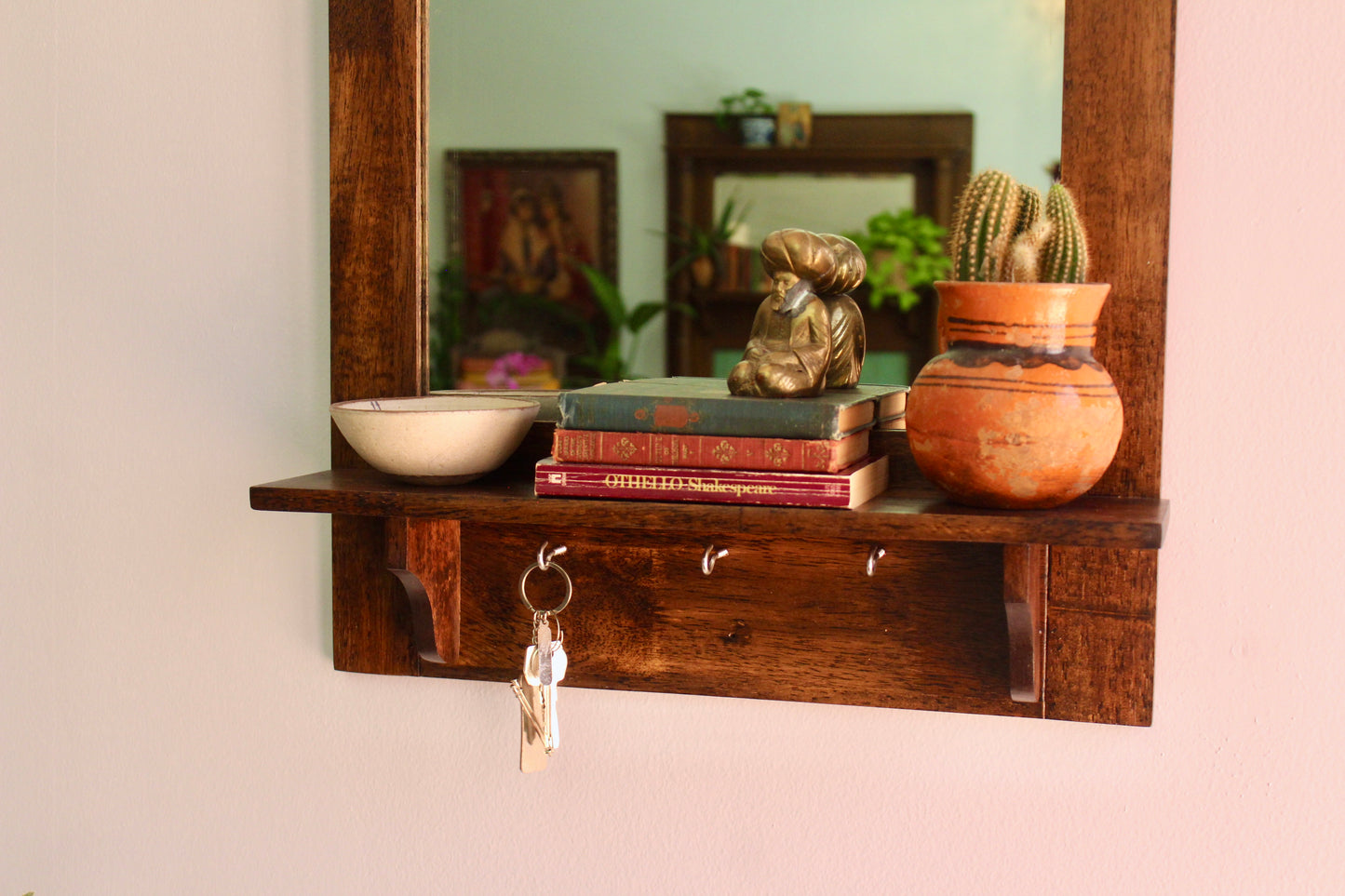 Restored 1990s Wooden Hall Mirror with Shelf and Hooks