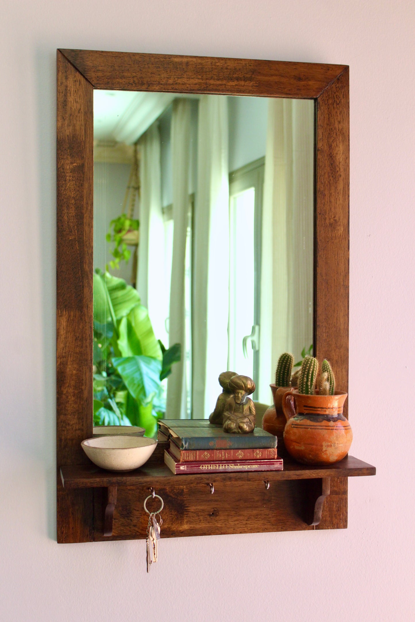 Restored 1990s Wooden Hall Mirror with Shelf and Hooks