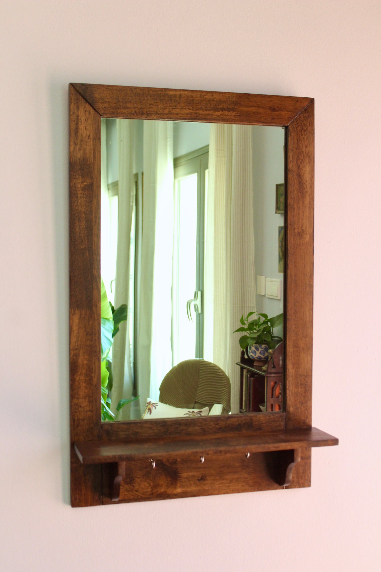 Restored 1990s Wooden Hall Mirror with Shelf and Hooks