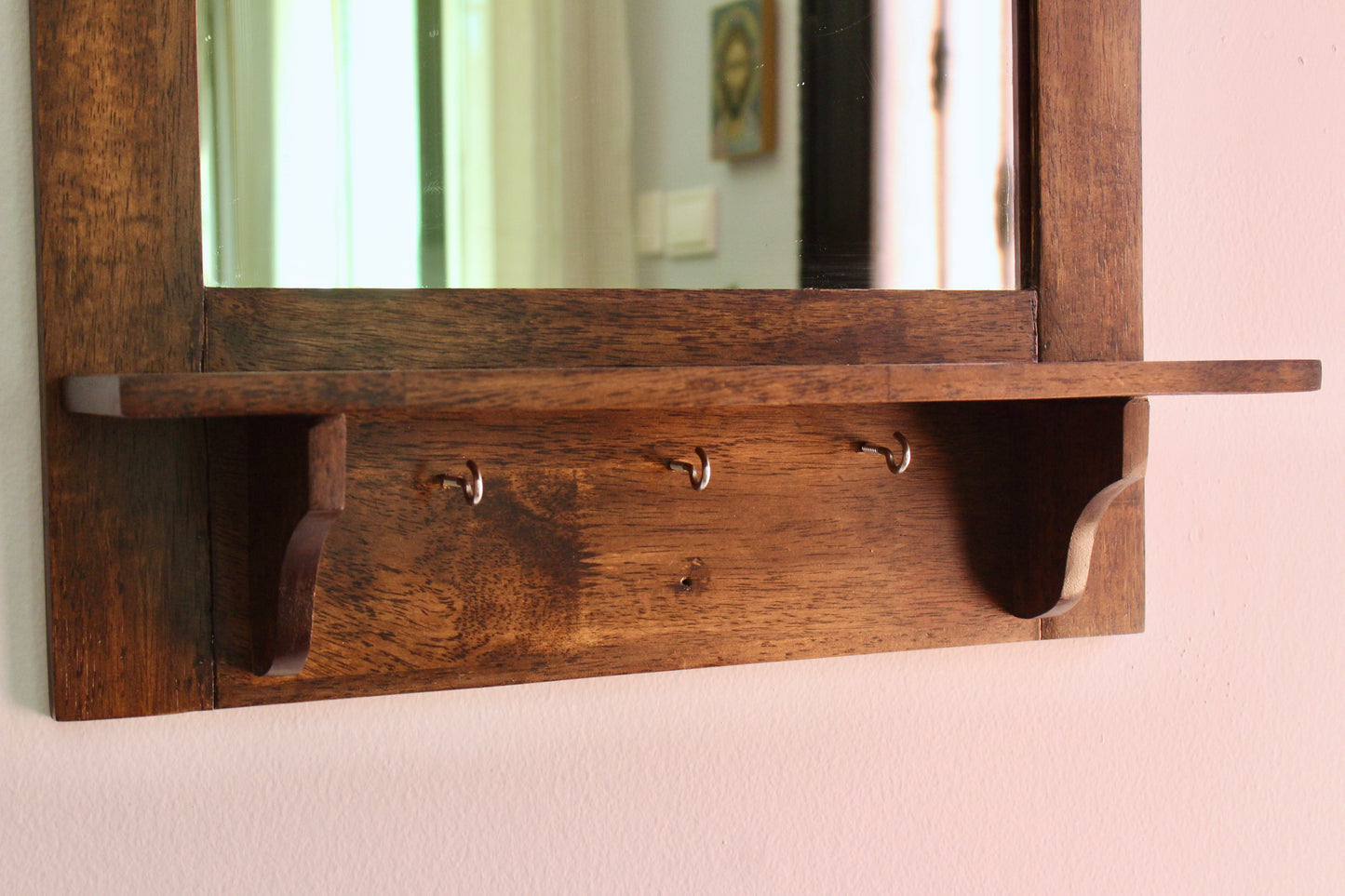 Restored 1990s Wooden Hall Mirror with Shelf and Hooks