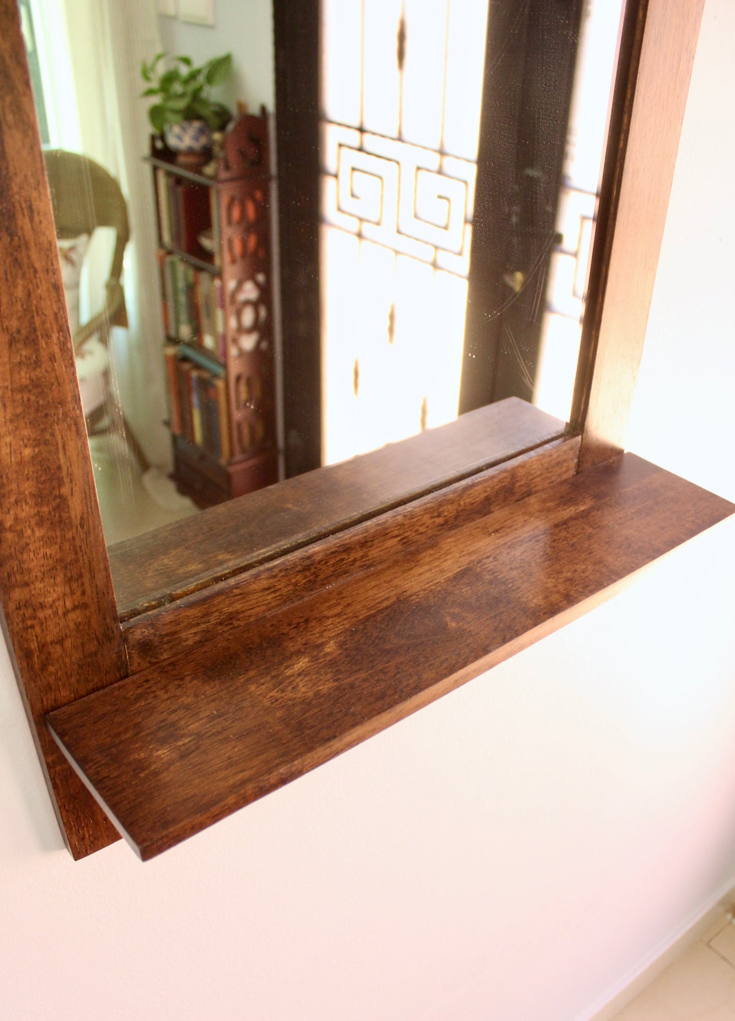 Restored 1990s Wooden Hall Mirror with Shelf and Hooks