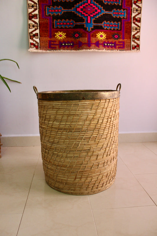 Large Vintage Italian Woven Basket with Brass Rim and Handles