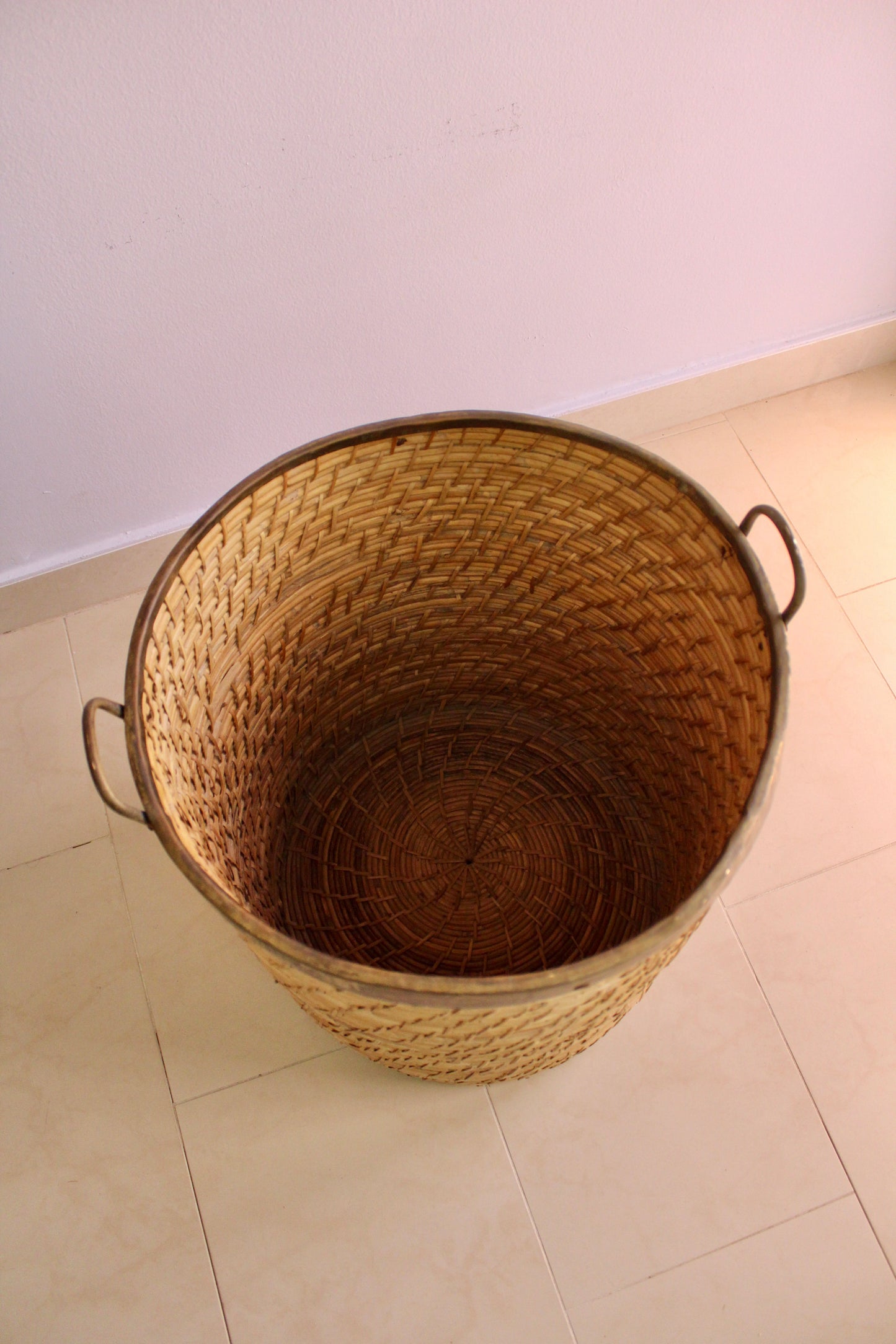 Large Vintage Italian Woven Basket with Brass Rim and Handles