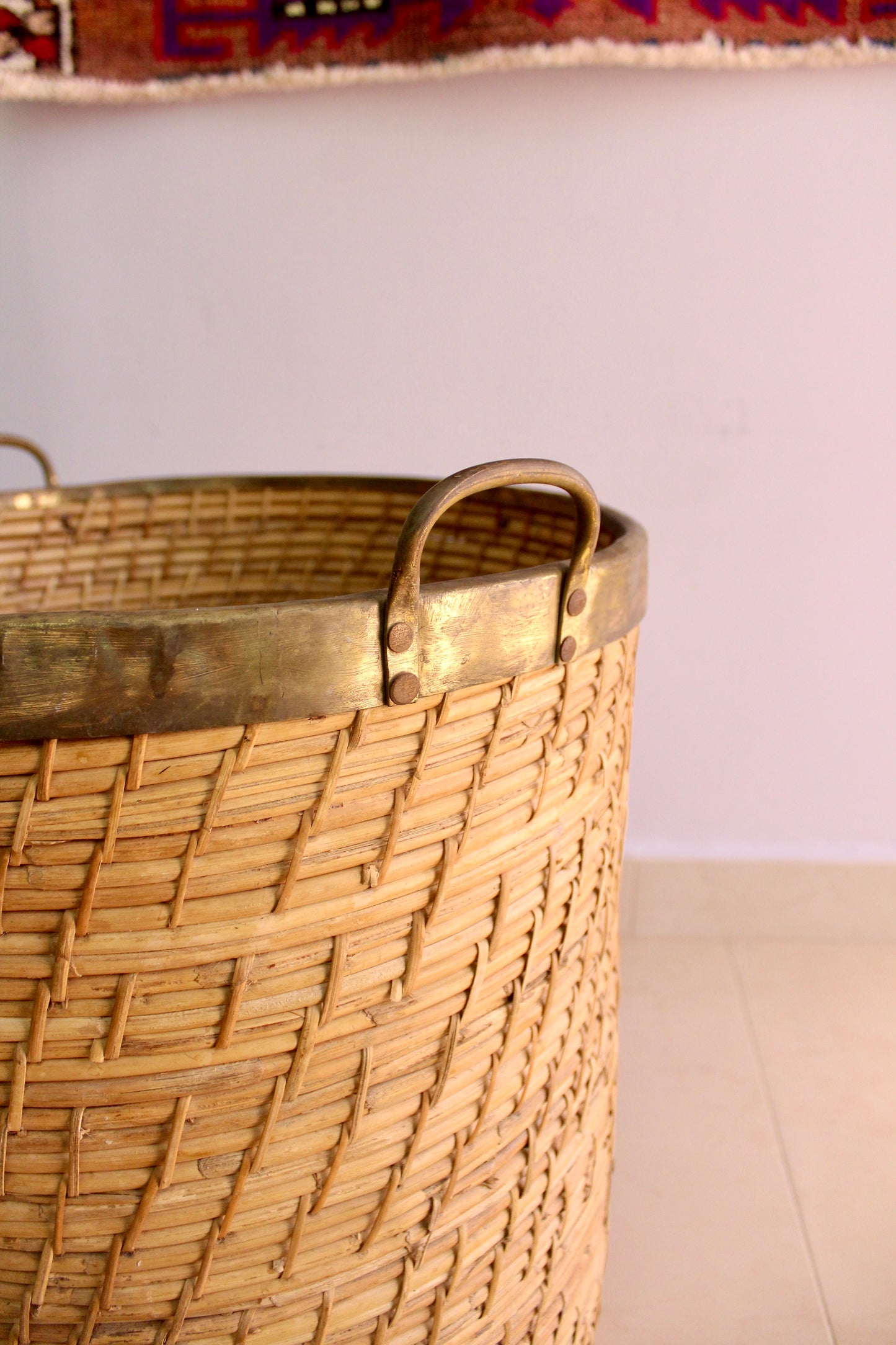 Large Vintage Italian Woven Basket with Brass Rim and Handles