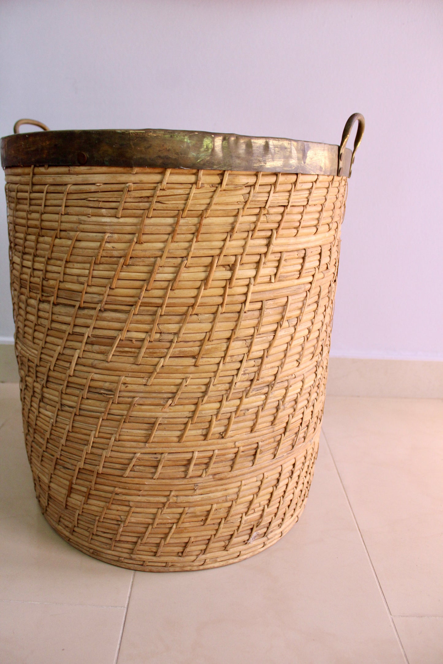 Large Vintage Italian Woven Basket with Brass Rim and Handles