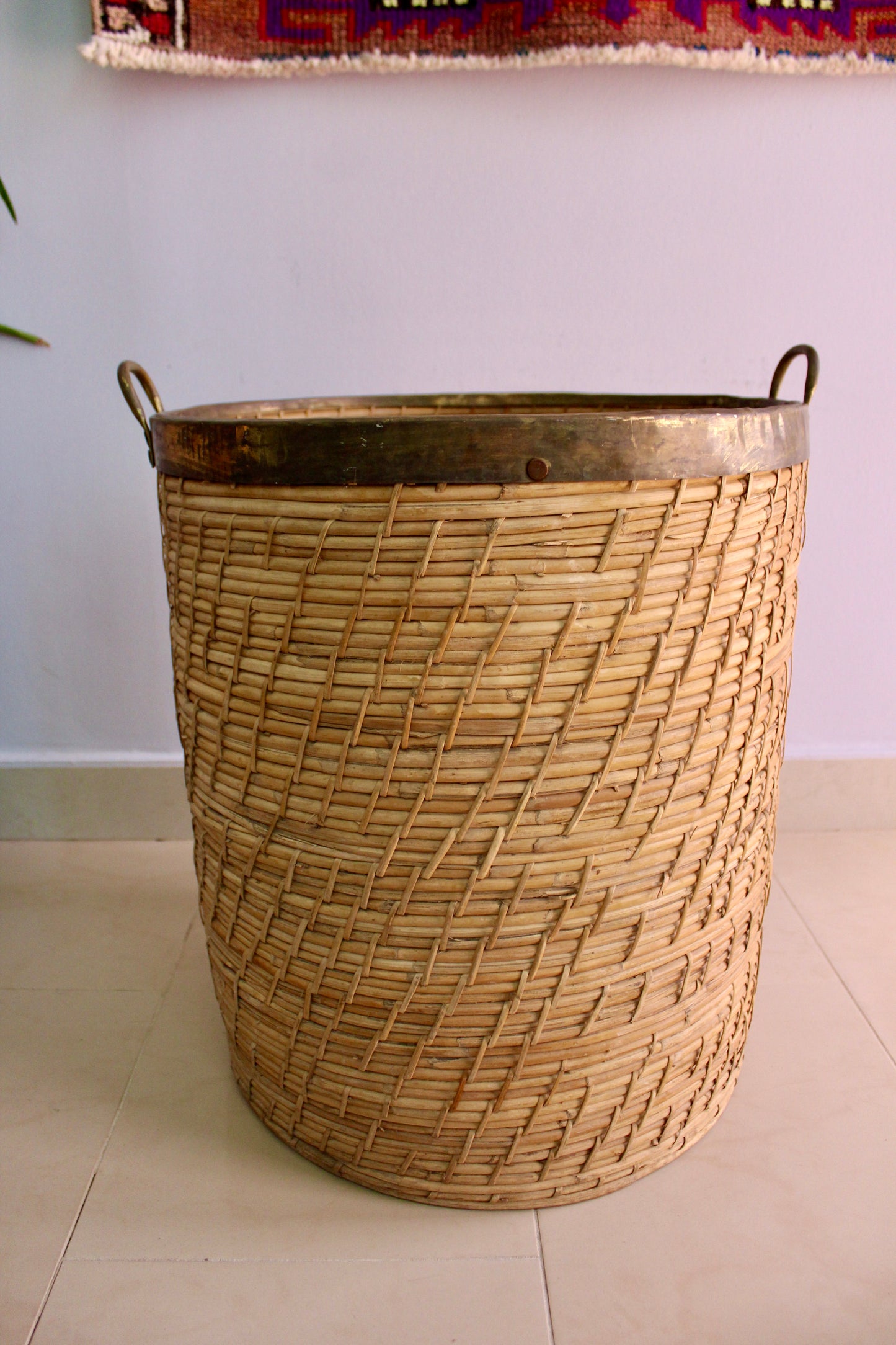 Large Vintage Italian Woven Basket with Brass Rim and Handles