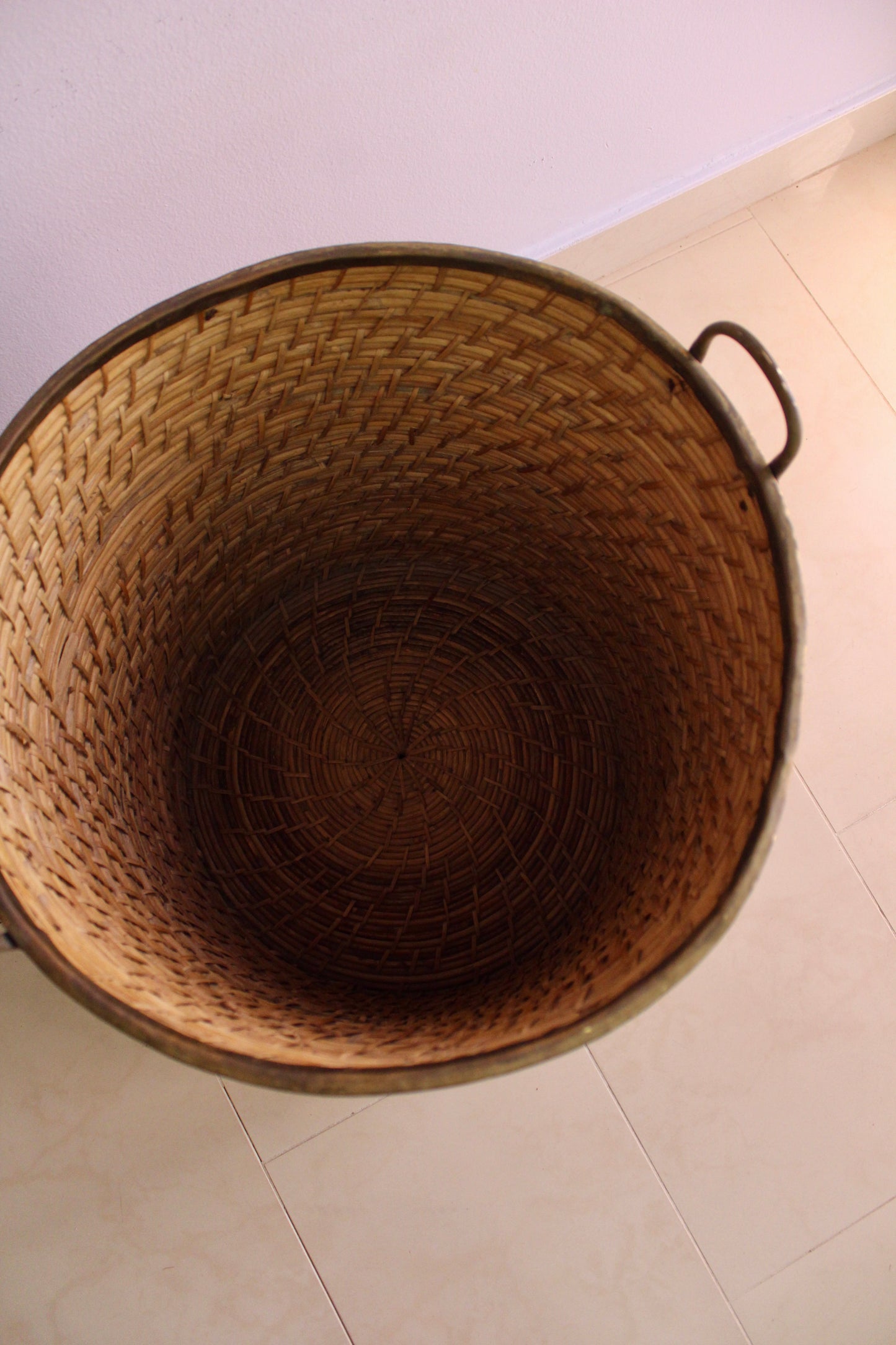 Large Vintage Italian Woven Basket with Brass Rim and Handles