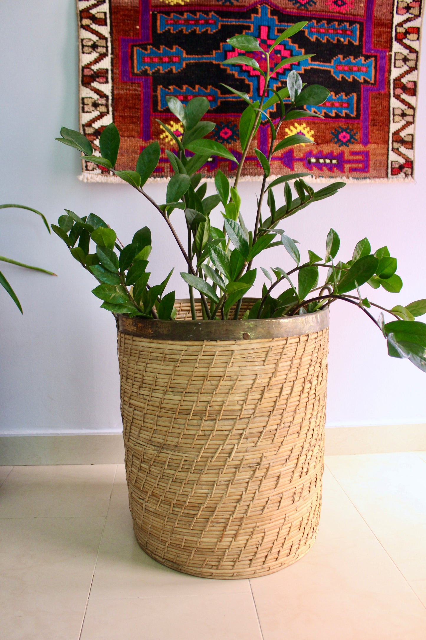 Large Vintage Italian Woven Basket with Brass Rim and Handles