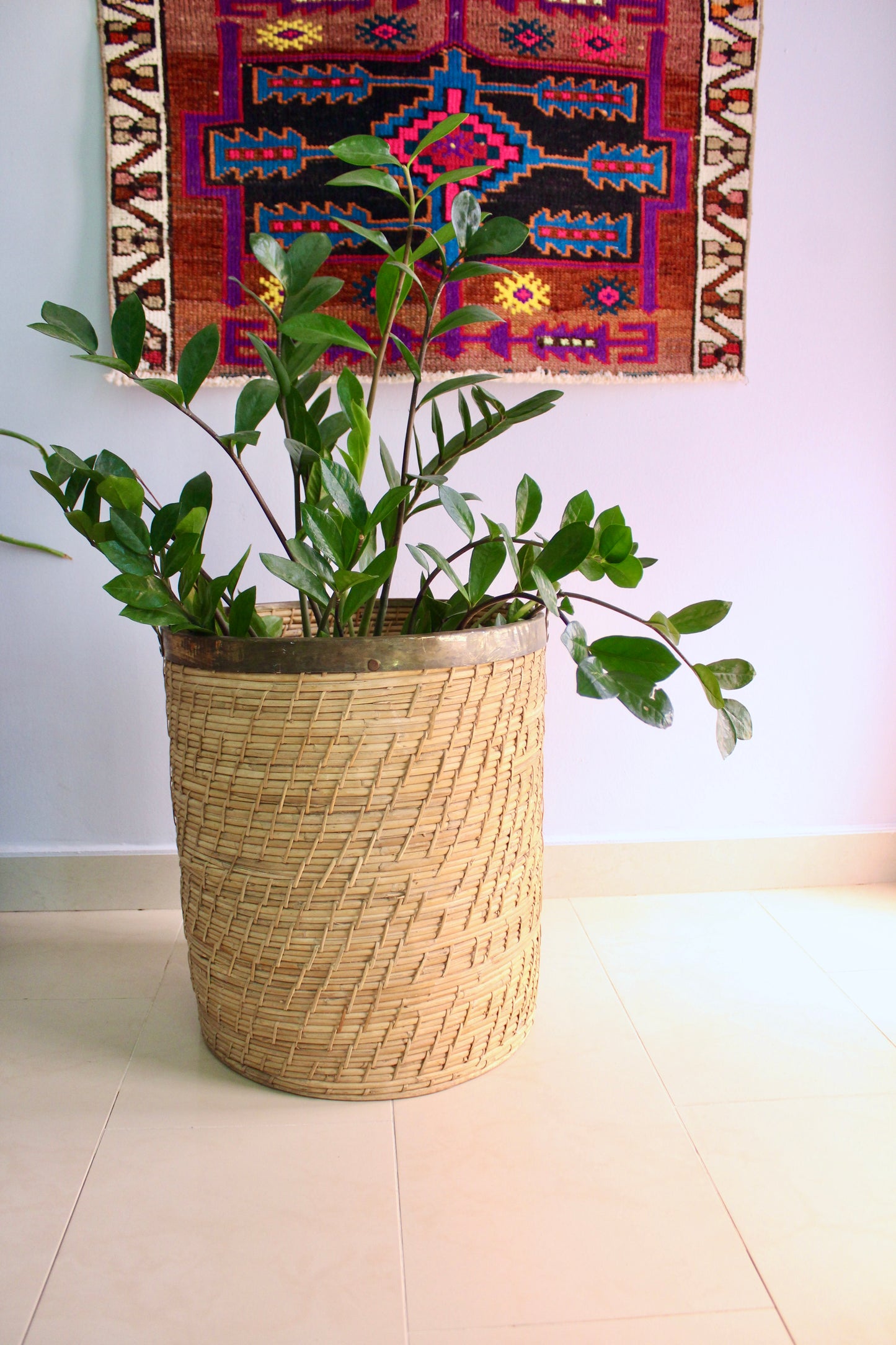 Large Vintage Italian Woven Basket with Brass Rim and Handles