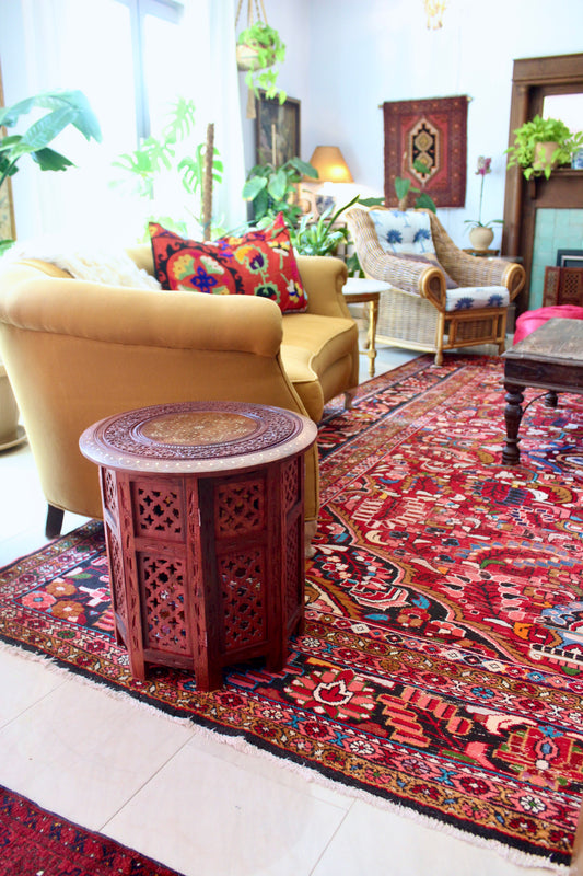 Indian Carved Rosewood & Brass Inlay Side Table