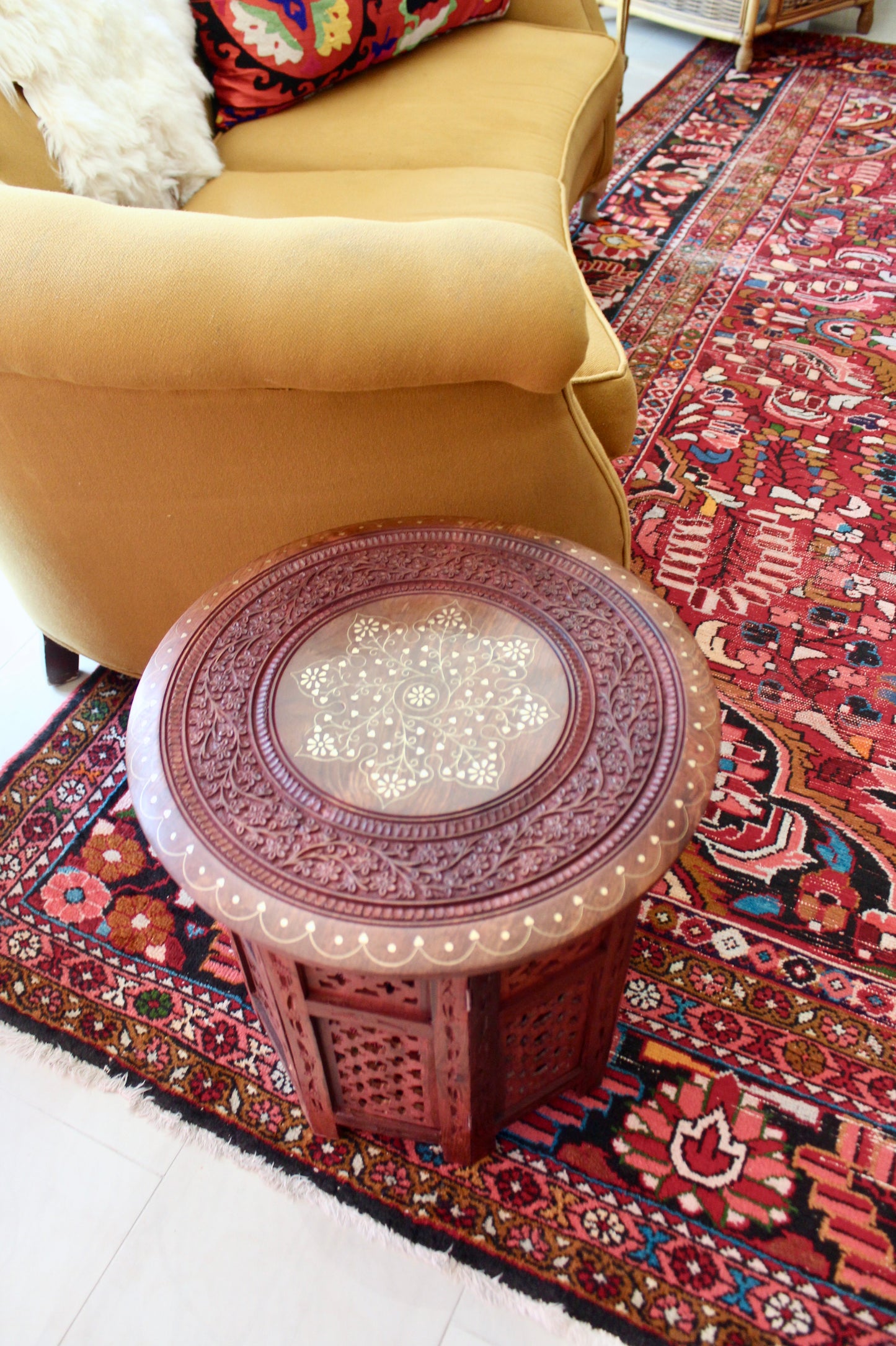 Indian Carved Rosewood & Brass Inlay Side Table